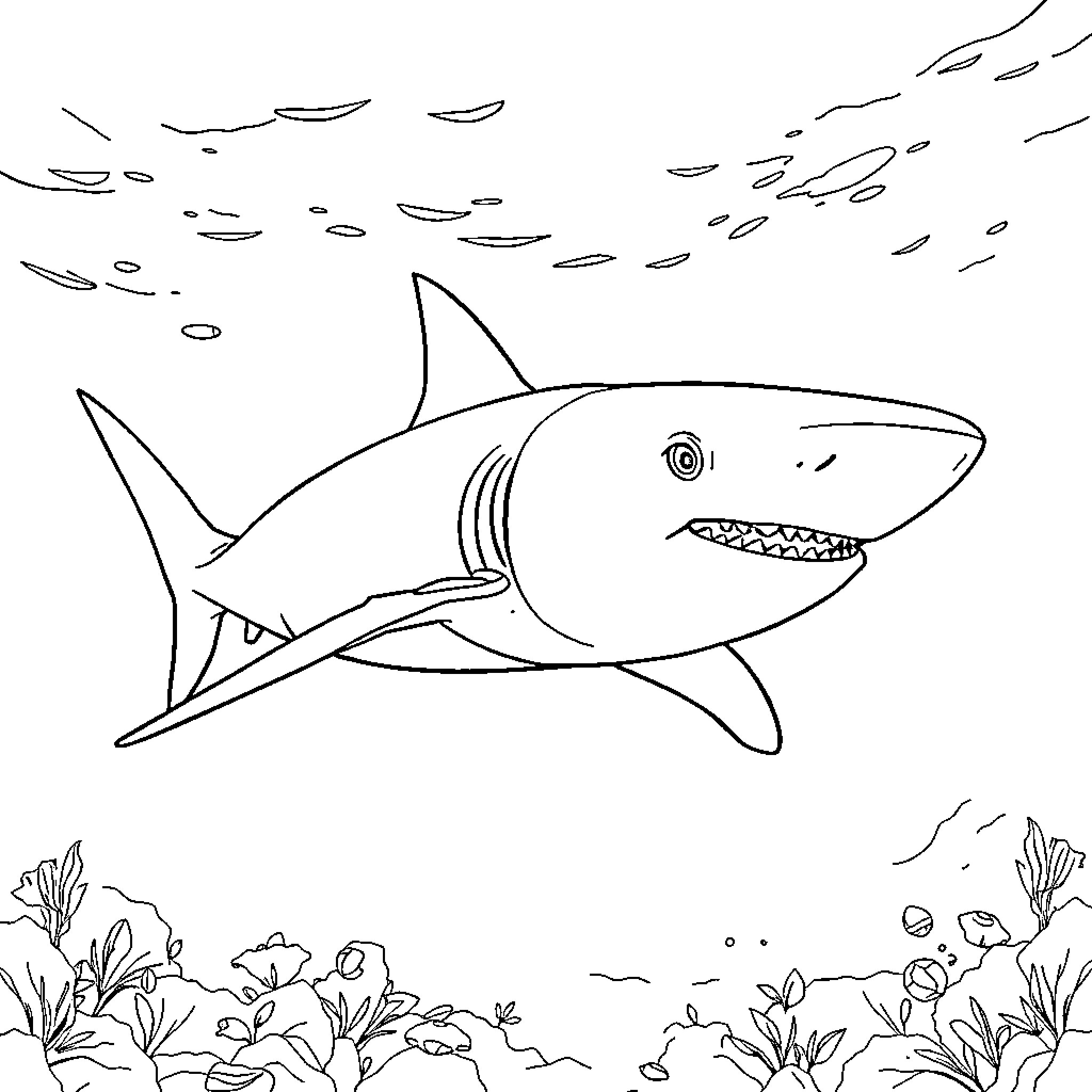 Shark swimming among the seabed Coloring Page (free black-and-white line drawing printable PDF for all, from beginners to advanced learners, including children, teens, adults, and seniors)