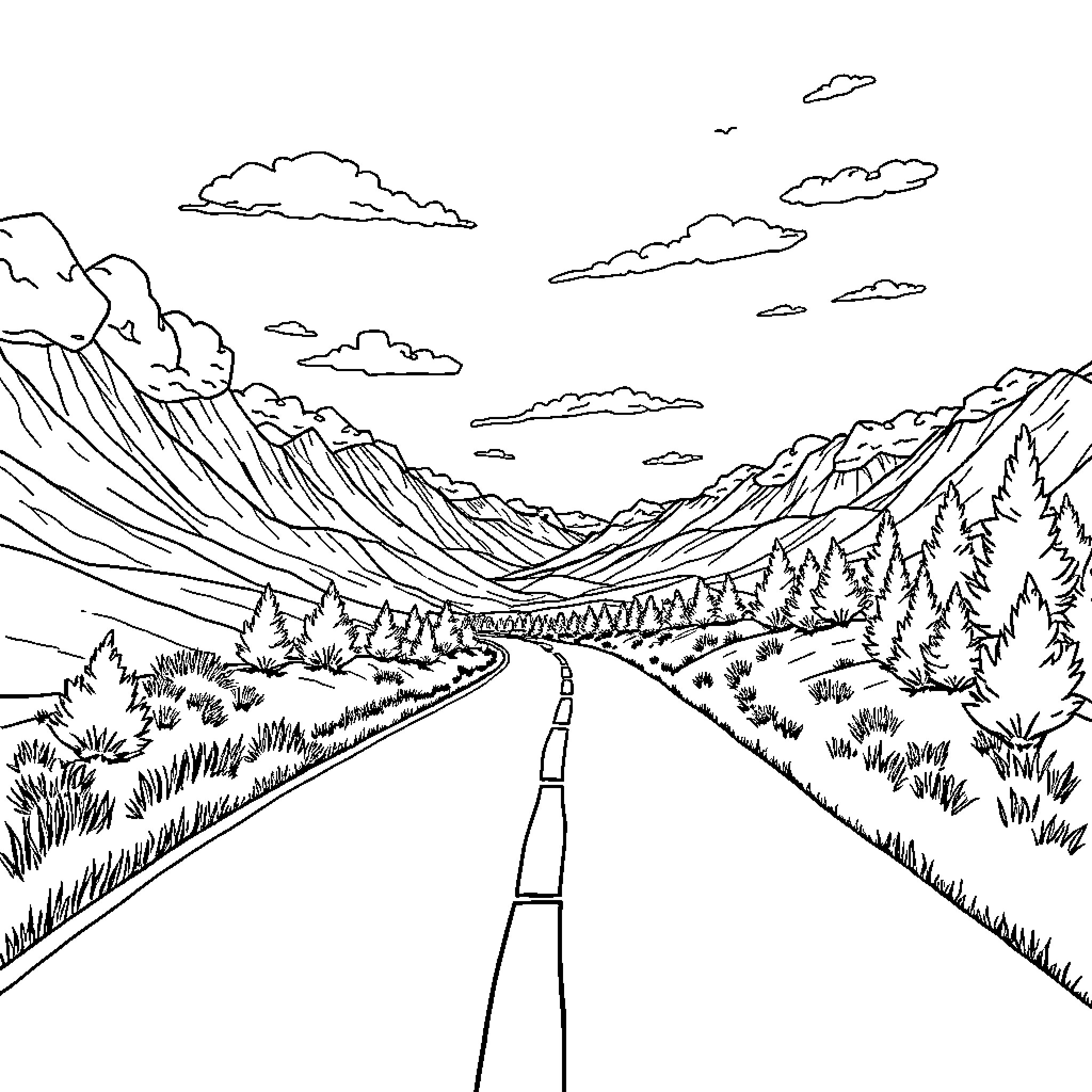 Line Drawing of a Winding Mountain Road Coloring Page (free black-and-white line drawing printable PDF for all, from beginners to advanced learners, including children, teens, adults, and seniors)