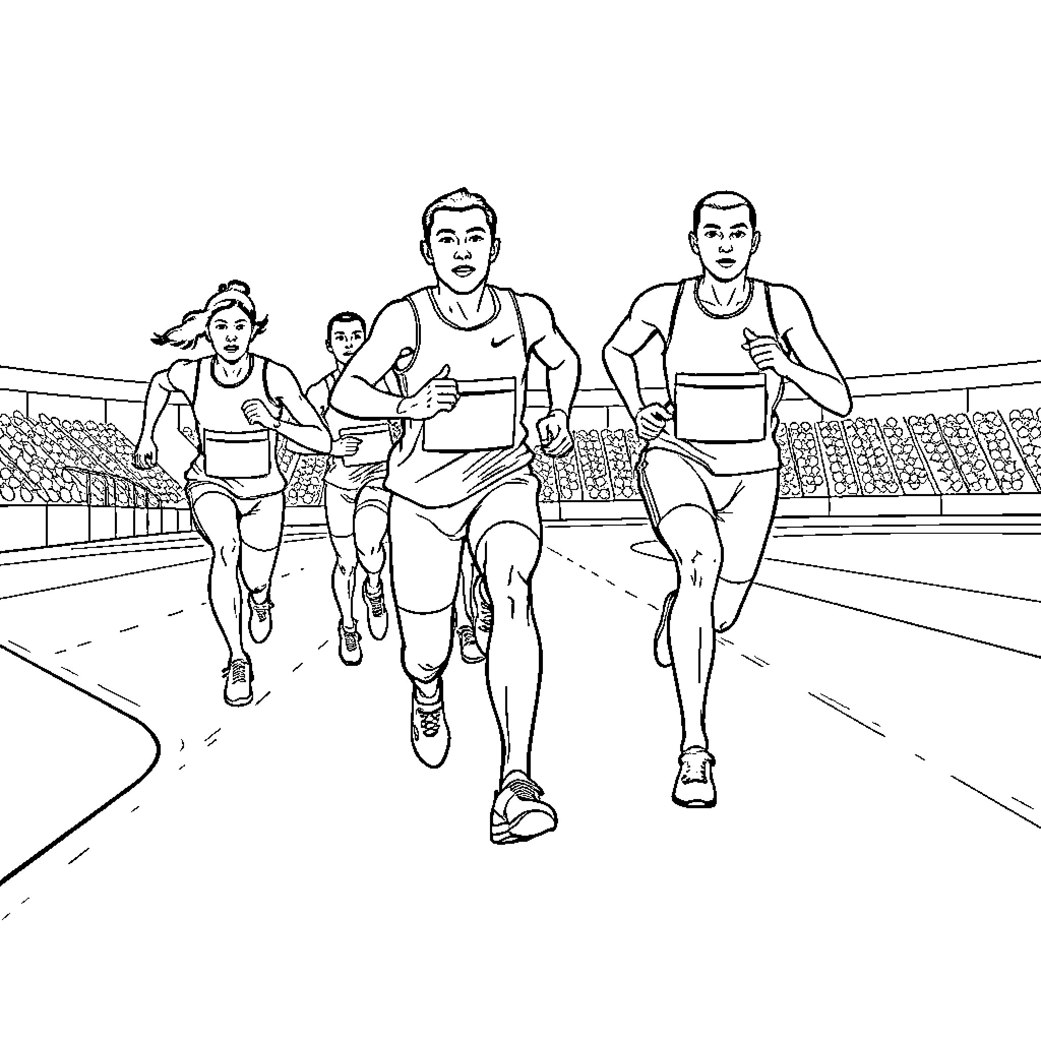 Runners competing in a race on a track Coloring Page (free black-and-white line drawing printable PDF for all, from beginners to advanced learners, including children, teens, adults, and seniors)
