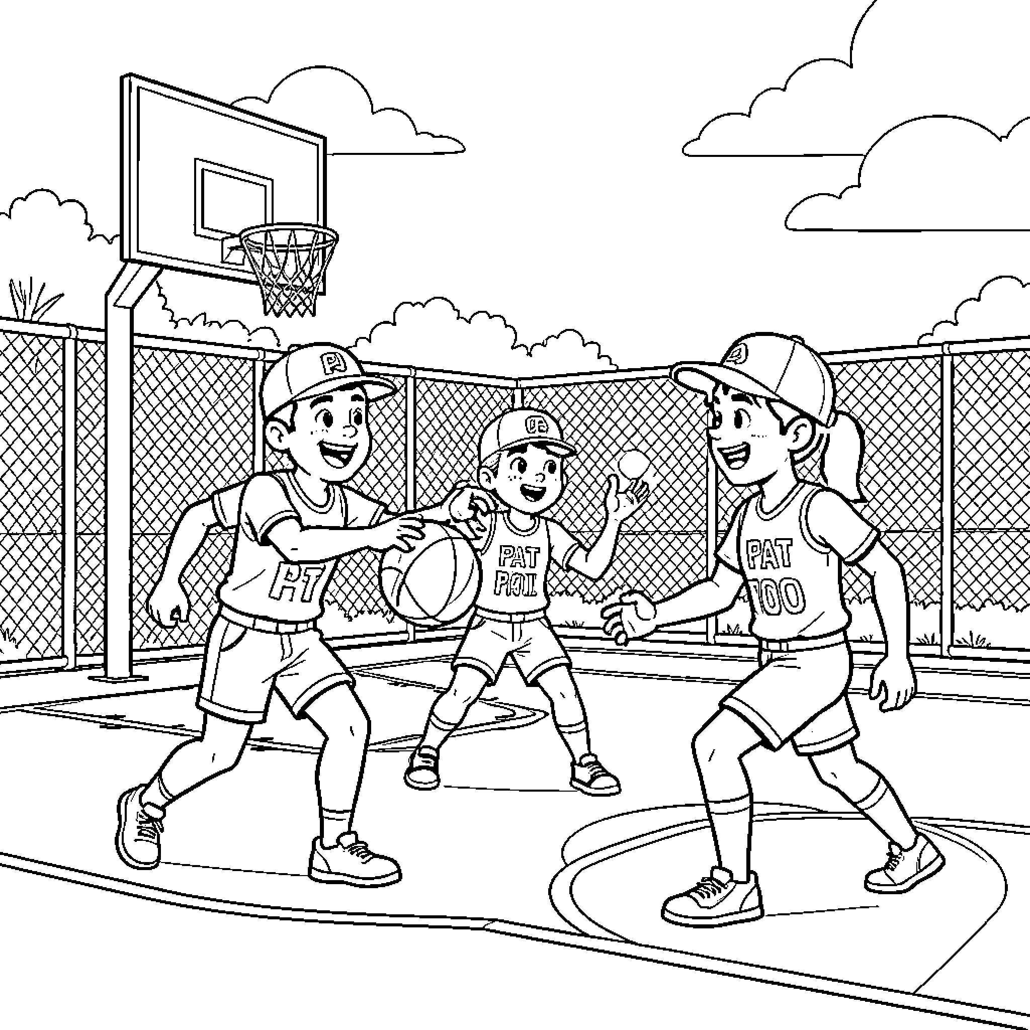 Paw Patrol characters playing a basketball game Coloring Page (free black-and-white line drawing printable PDF for all, from beginners to advanced learners, including children, teens, adults, and seniors)