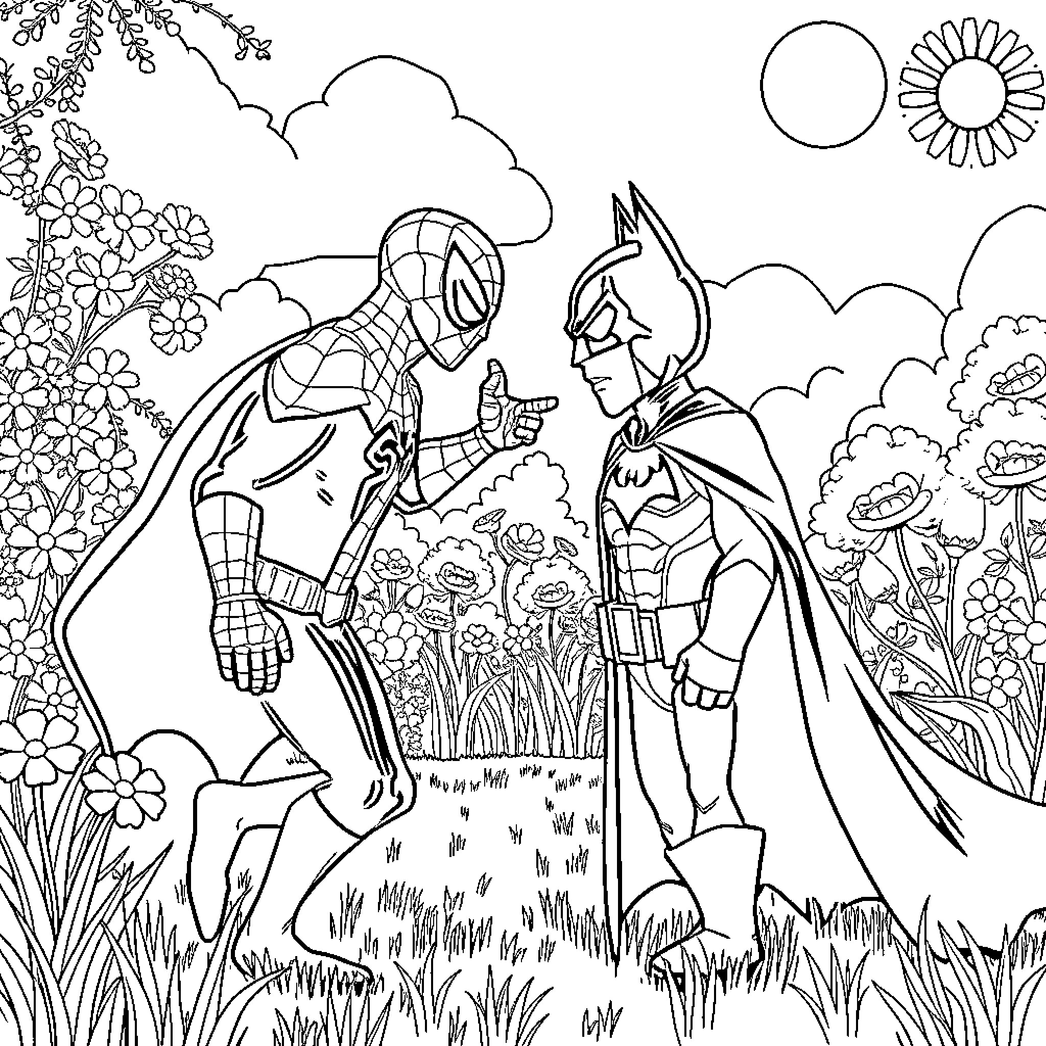 Spider-Man and Batman in a Friendly Encounter Coloring Page (free black-and-white line drawing printable PDF for all, from beginners to advanced learners, including children, teens, adults, and seniors)