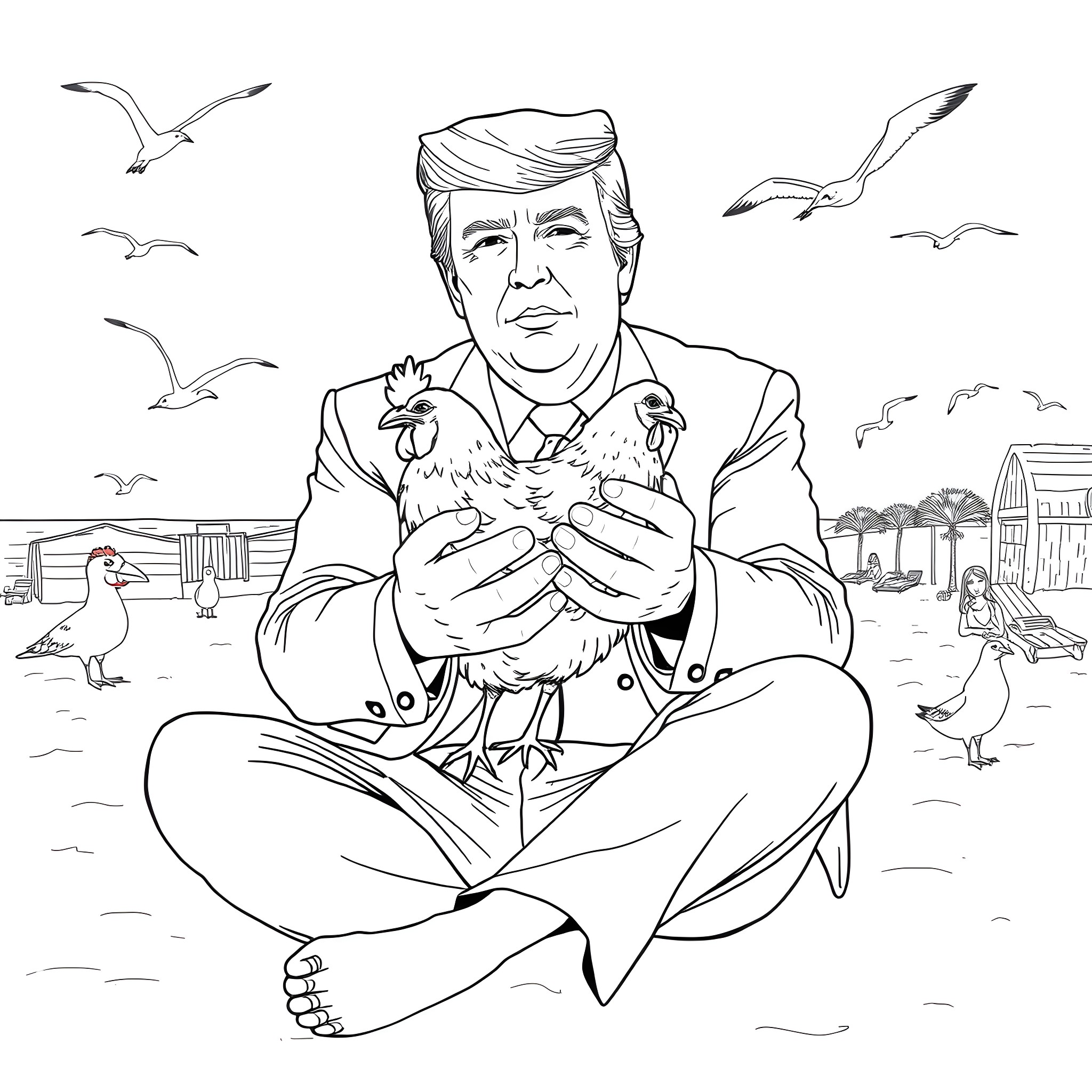 Donald Trump sitting on a farm with chickens Coloring Page (free black-and-white line drawing printable PDF for all, from beginners to advanced learners, including children, teens, adults, and seniors)