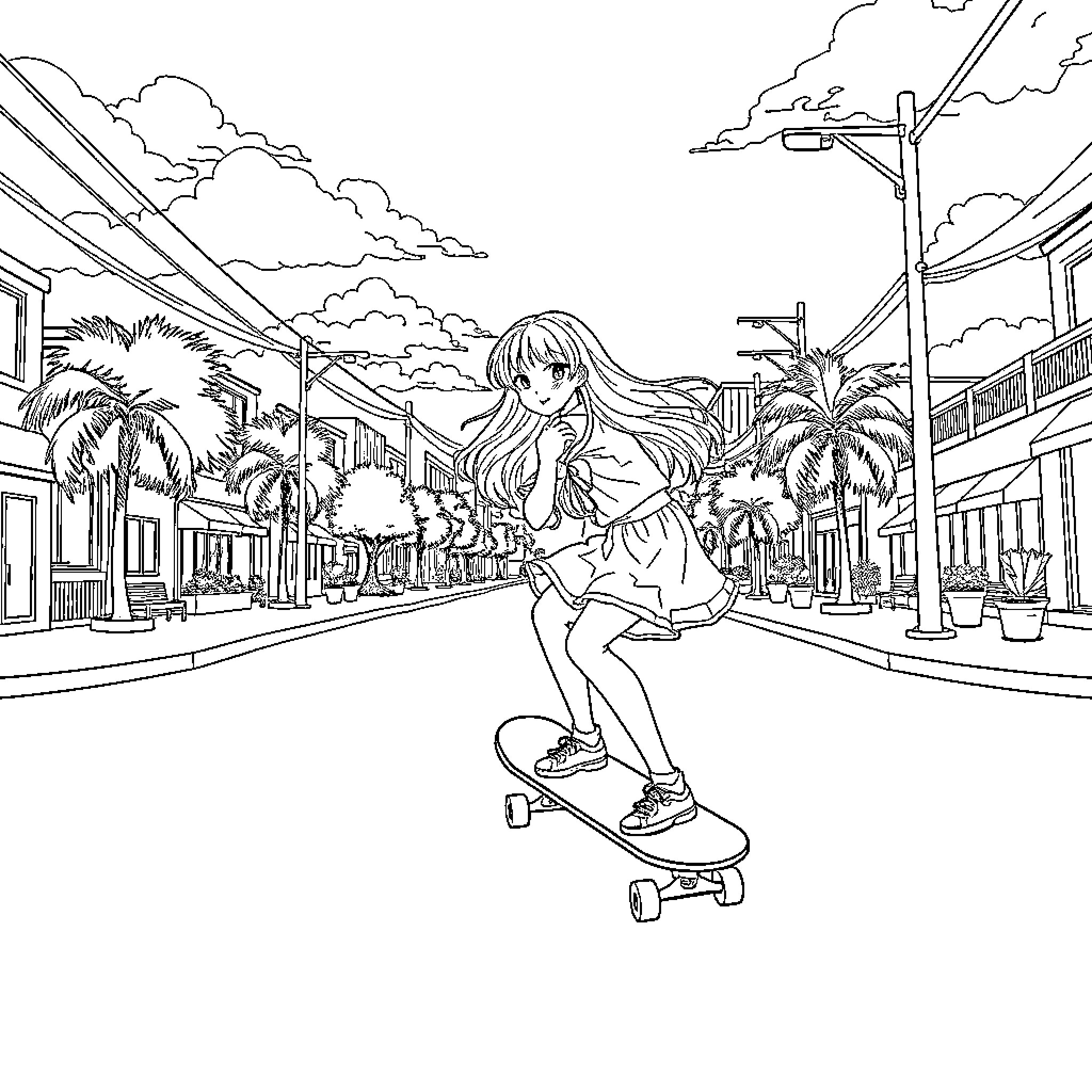 Anime Girl Riding Skateboard in Tropical Town Coloring Page (free black-and-white line drawing printable PDF for all, from beginners to advanced learners, including children, teens, adults, and seniors)
