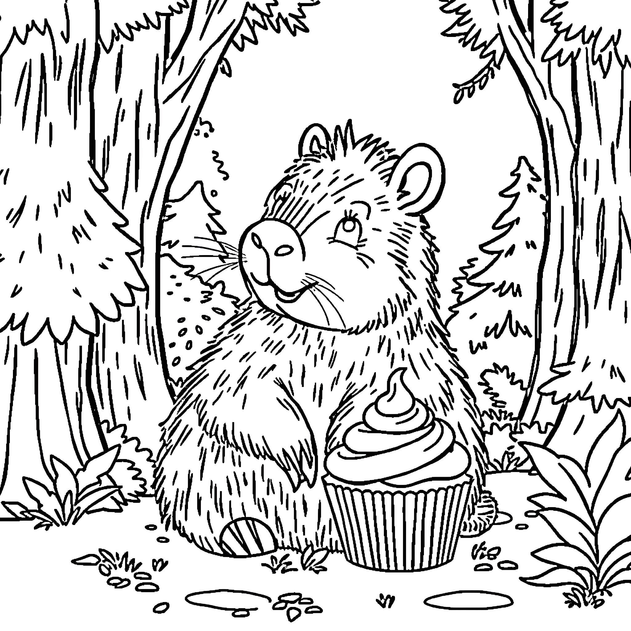 Capybara enjoying a sweet treat in the forest Coloring Page (free black-and-white line drawing printable PDF for all, from beginners to advanced learners, including children, teens, adults, and seniors)