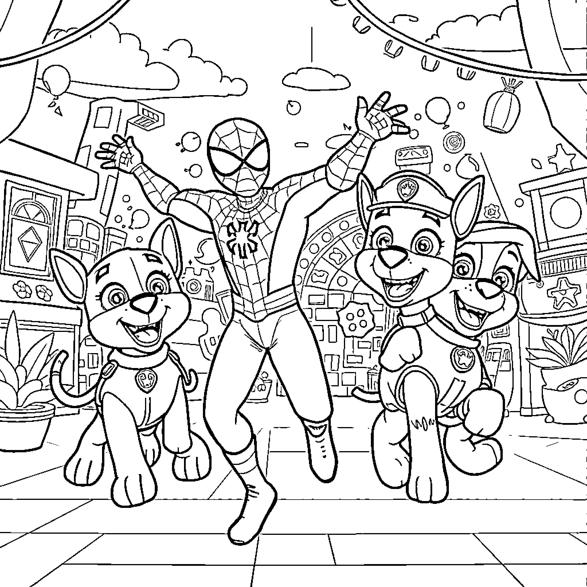 Spidey and Friends Adventure in the City Coloring Page (free black-and-white line drawing printable PDF for all, from beginners to advanced learners, including children, teens, adults, and seniors)