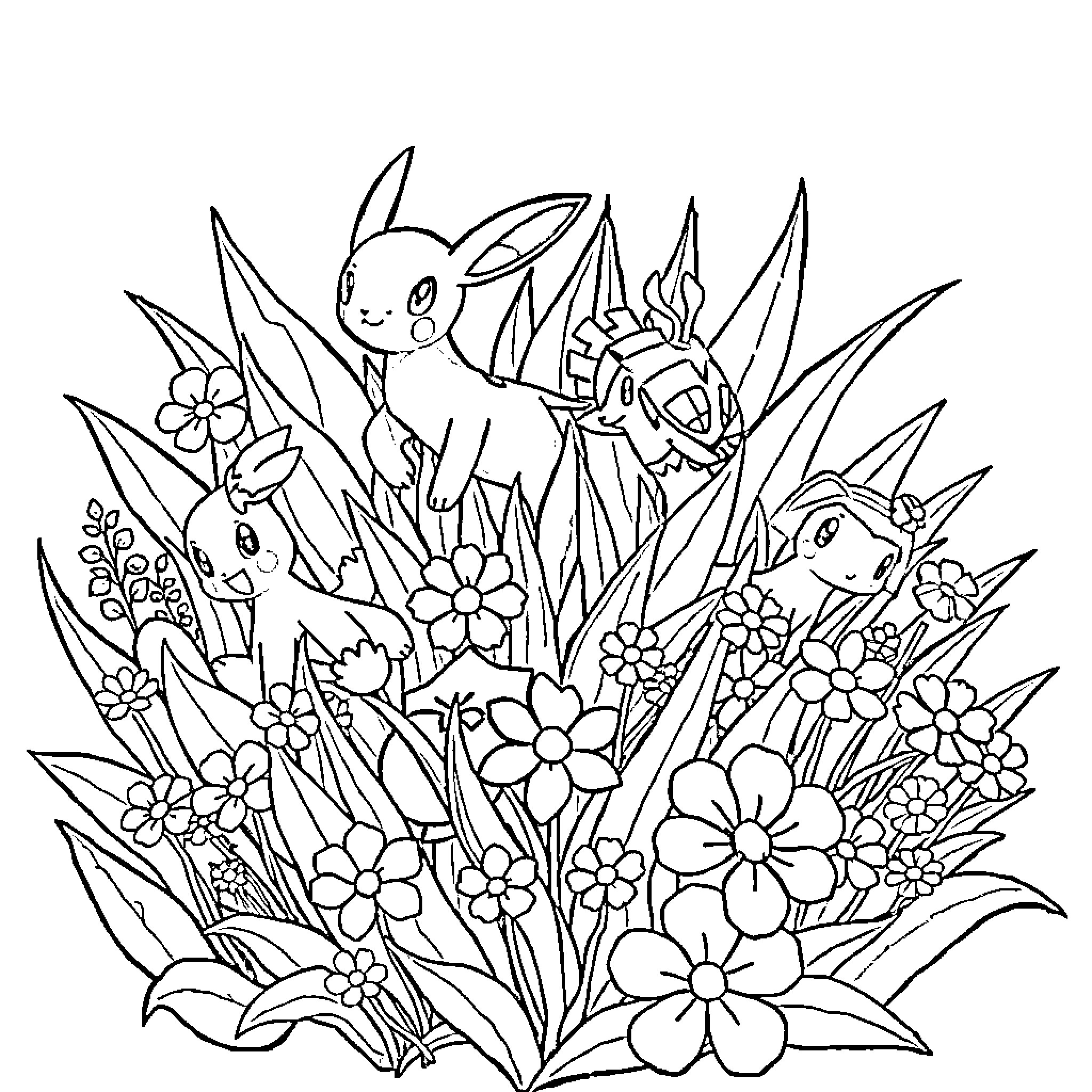 Grass Pokémon among vibrant flowers Coloring Page (free black-and-white line drawing printable PDF for all, from beginners to advanced learners, including children, teens, adults, and seniors)