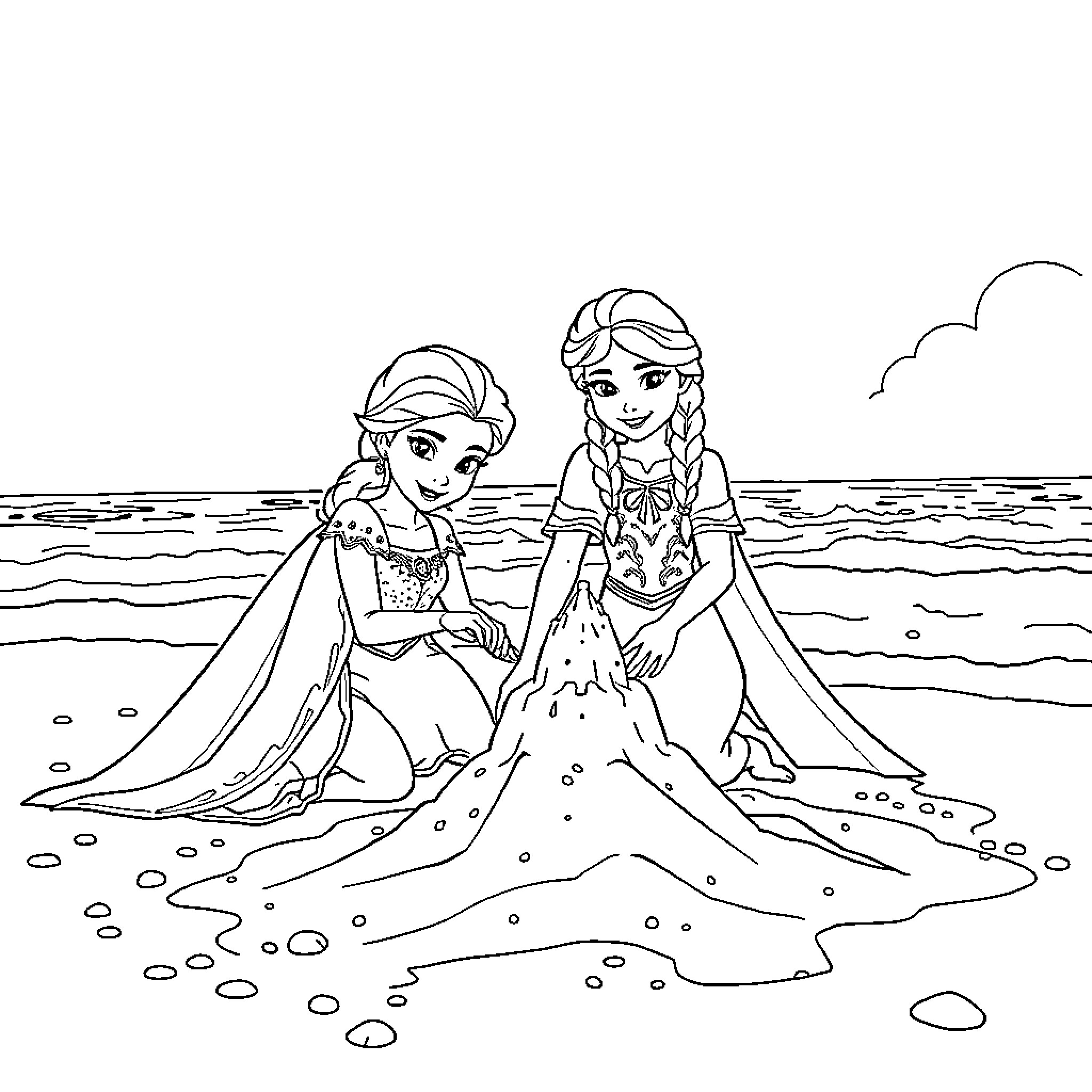 Elsa and Anna enjoying a day at the beach Coloring Page (free black-and-white line drawing printable PDF for all, from beginners to advanced learners, including children, teens, adults, and seniors)
