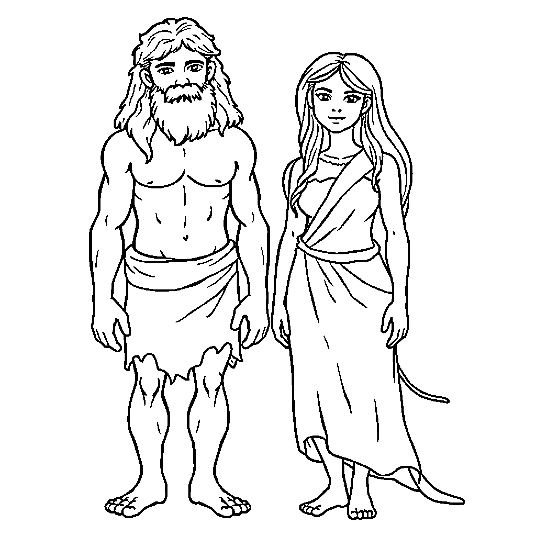 Adam and Eve in the Garden of Eden Coloring Page (free black-and-white line drawing printable PDF for all, from beginners to advanced learners, including children, teens, adults, and seniors)