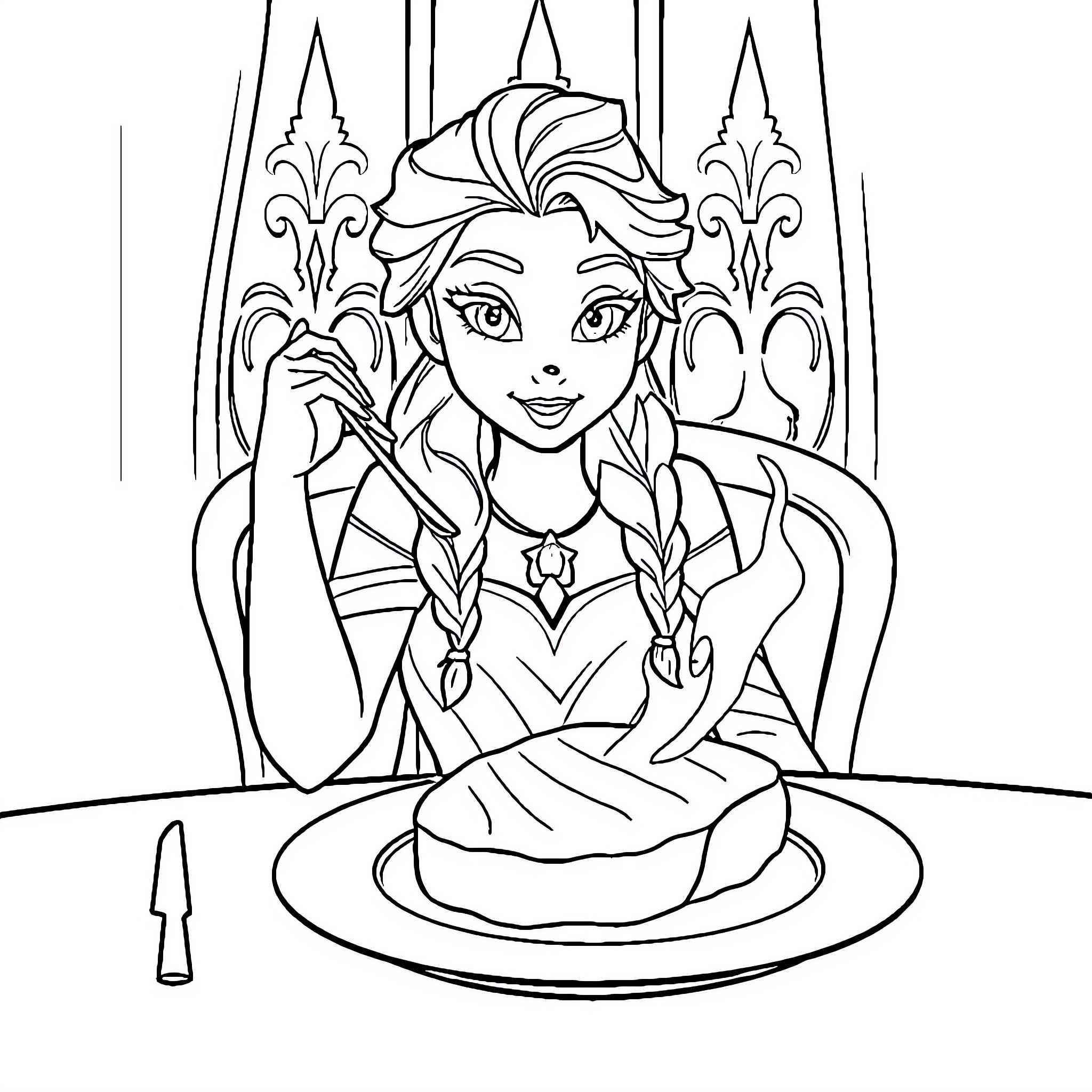 Elsa in Reflective Contemplation Coloring Page (free black-and-white line drawing printable PDF for all, from beginners to advanced learners, including children, teens, adults, and seniors)