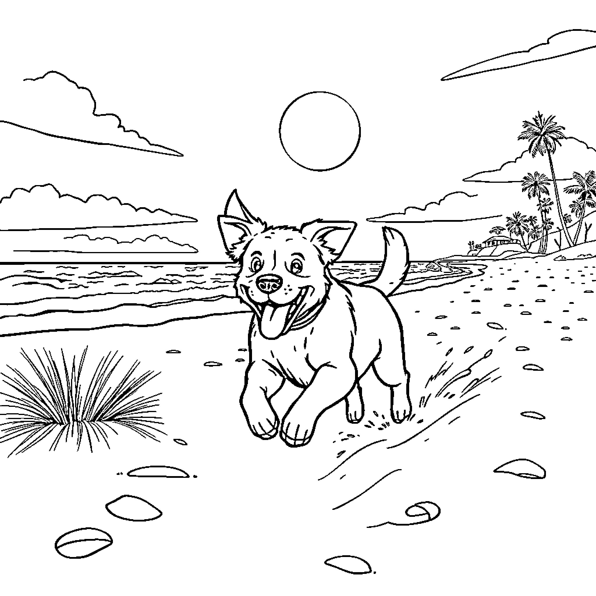 Dog Enjoying the Tropical Beach Scenery Coloring Page (free black-and-white line drawing printable PDF for all, from beginners to advanced learners, including children, teens, adults, and seniors)