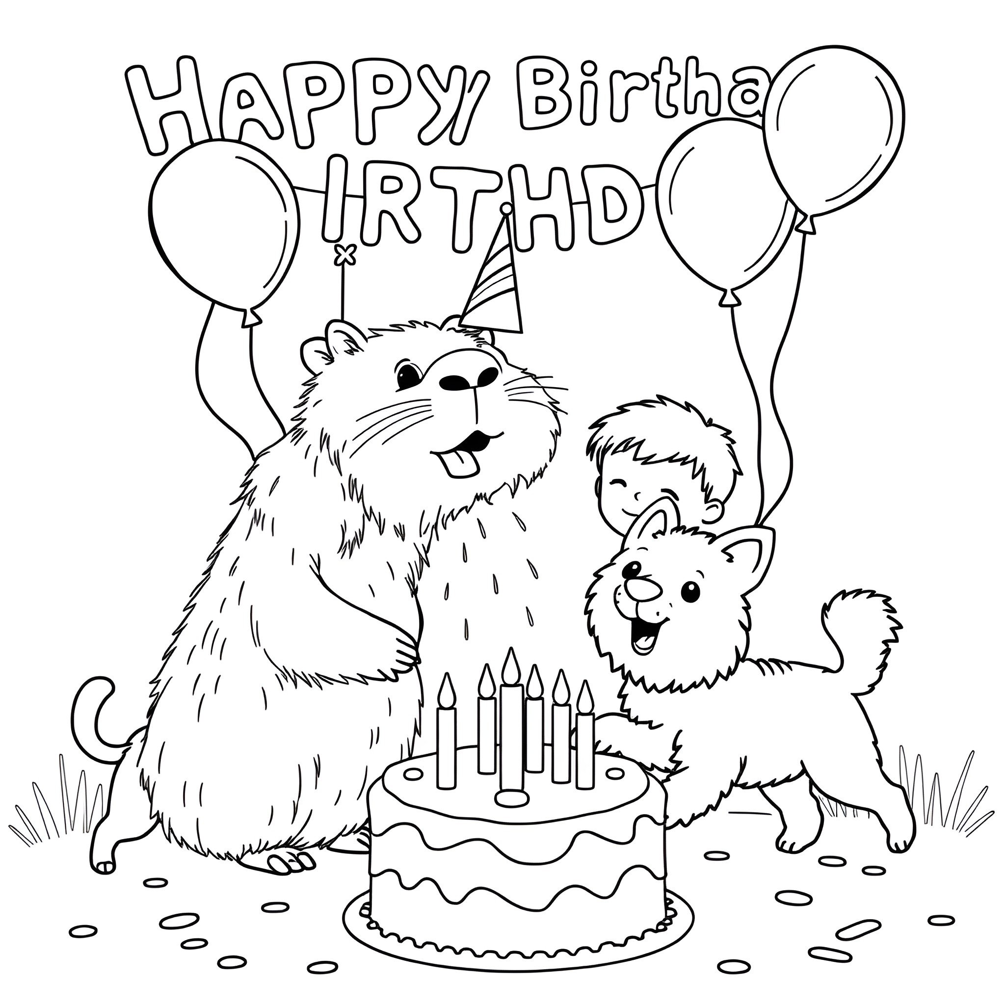 Capybara and puppy celebrate birthday with cake and balloons Coloring Page (free black-and-white line drawing printable PDF for all, from beginners to advanced learners, including children, teens, adults, and seniors)
