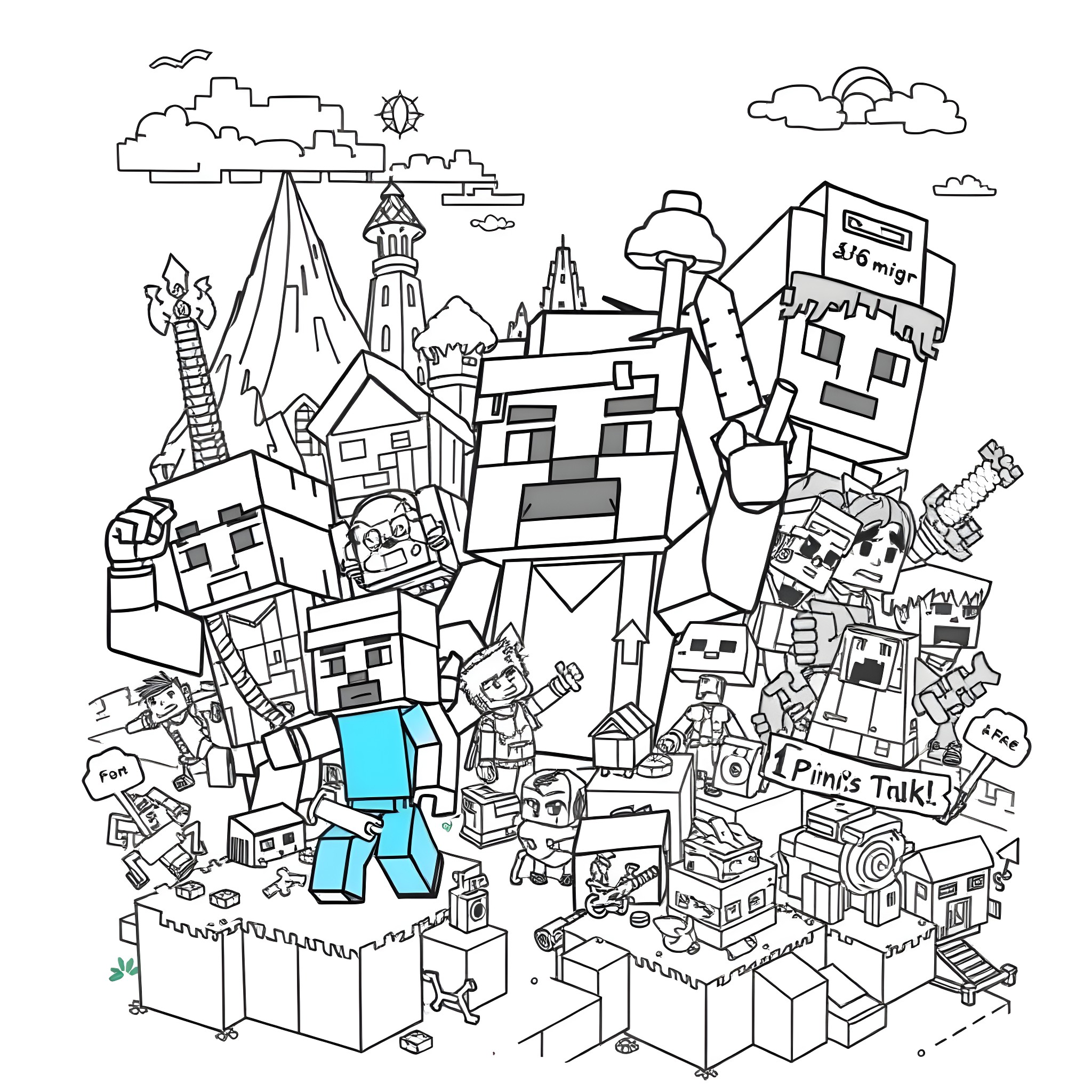 Minecraft Characters Engaging in Various Activities and Scenes Coloring Page (free black-and-white line drawing printable PDF for all, from beginners to advanced learners, including children, teens, adults, and seniors)