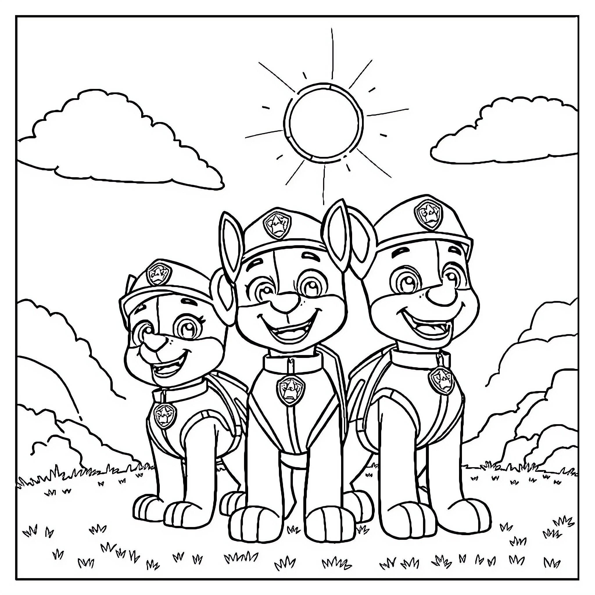 Paw Patrol Pups Happily Explore the Outdoors Coloring Page (free black-and-white line drawing printable PDF for all, from beginners to advanced learners, including children, teens, adults, and seniors)