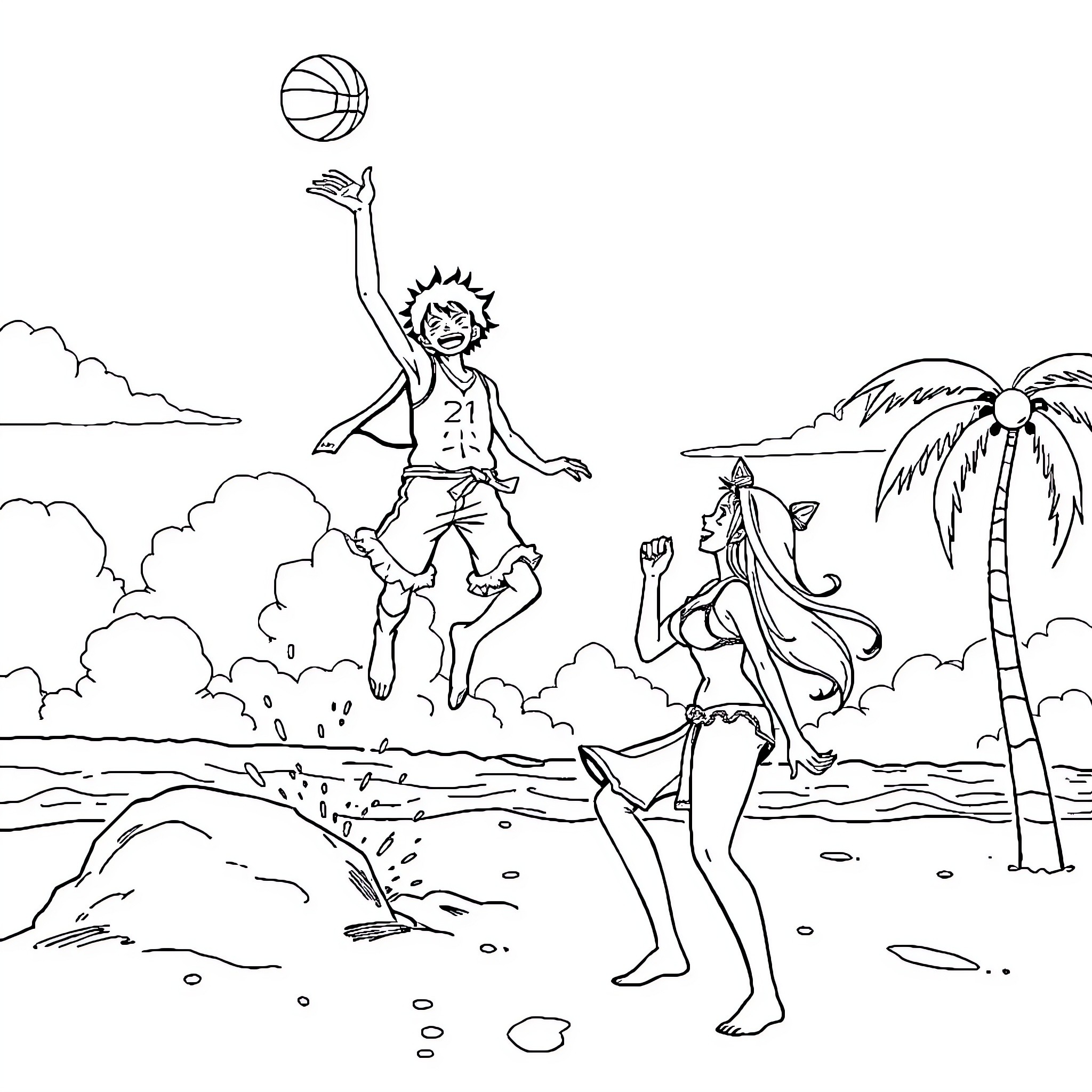 Ace Basketball Player Soars in Tropical Paradise Coloring Page (free black-and-white line drawing printable PDF for all, from beginners to advanced learners, including children, teens, adults, and seniors)