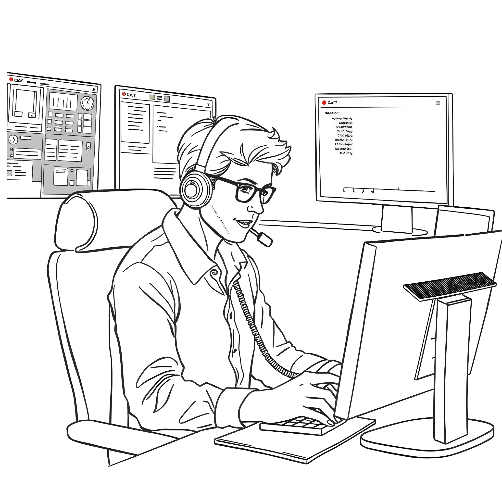 Call Center Worker Answering Phone with Headset Coloring Page (free black-and-white line drawing printable PDF for all, from beginners to advanced learners, including children, teens, adults, and seniors)