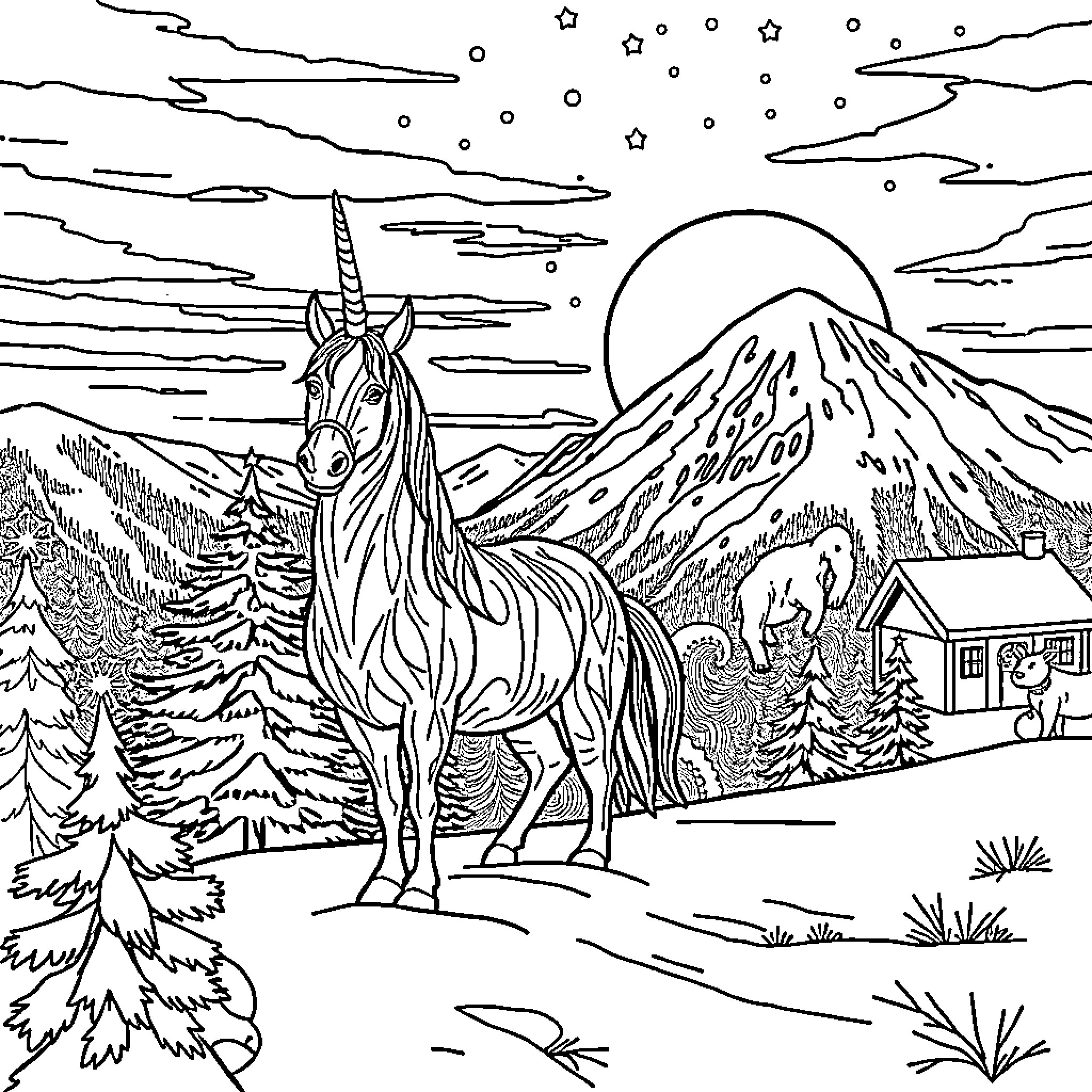 Licorne in a magical winter landscape Coloring Page (free black-and-white line drawing printable PDF for all, from beginners to advanced learners, including children, teens, adults, and seniors)