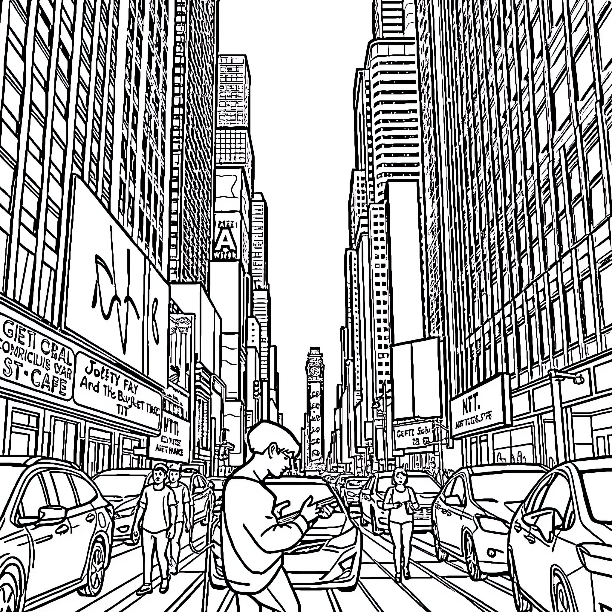 My Melody in the Bustling City Streets Coloring Page (free black-and-white line drawing printable PDF for all, from beginners to advanced learners, including children, teens, adults, and seniors)