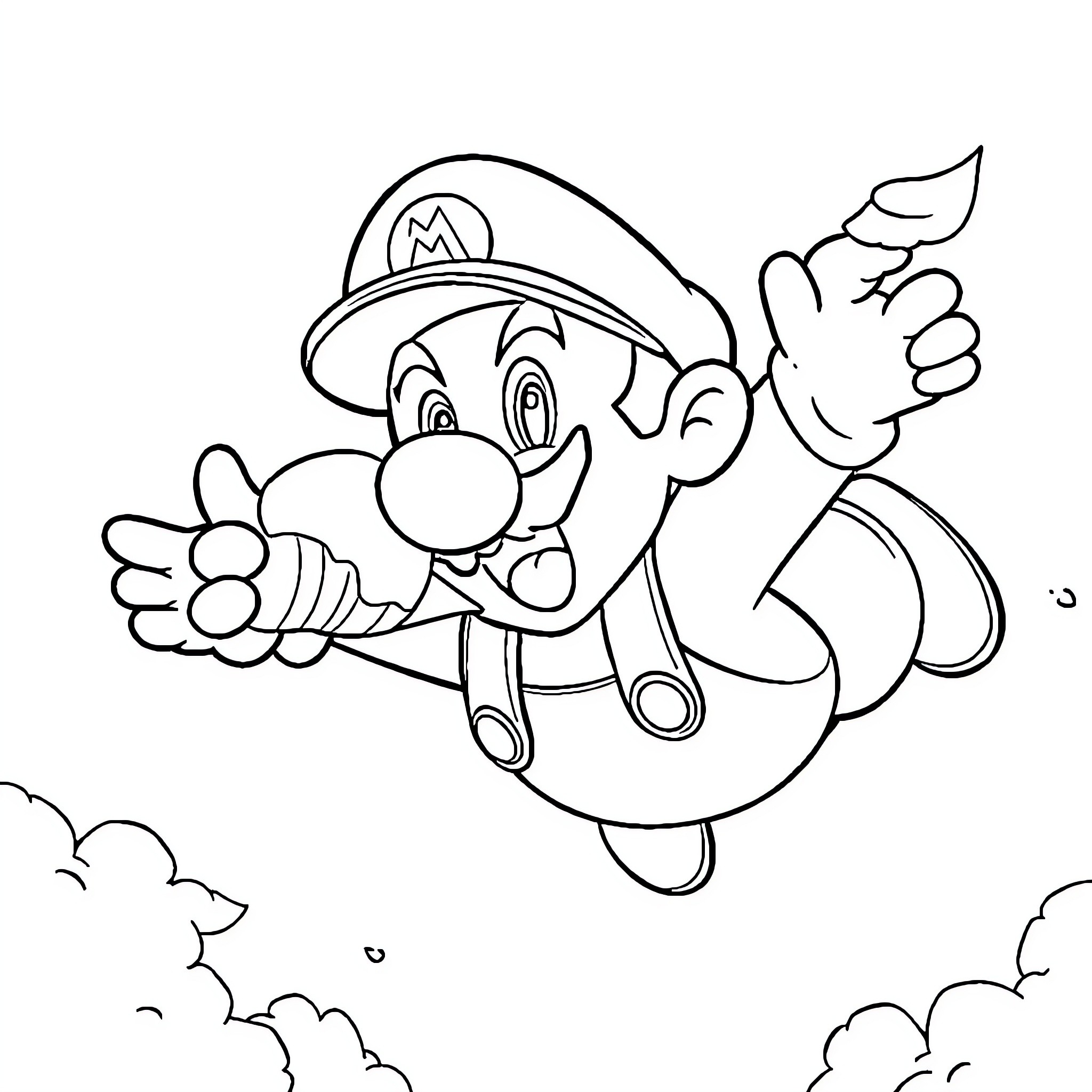 Mario jumping cheerfully in the sky Coloring Page (free black-and-white line drawing printable PDF for all, from beginners to advanced learners, including children, teens, adults, and seniors)
