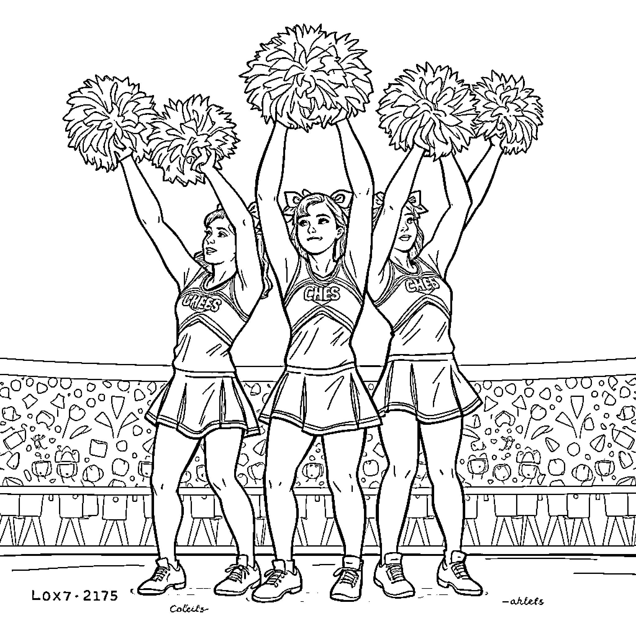 Cheerleader trio performing energetic routine Coloring Page (free black-and-white line drawing printable PDF for all, from beginners to advanced learners, including children, teens, adults, and seniors)