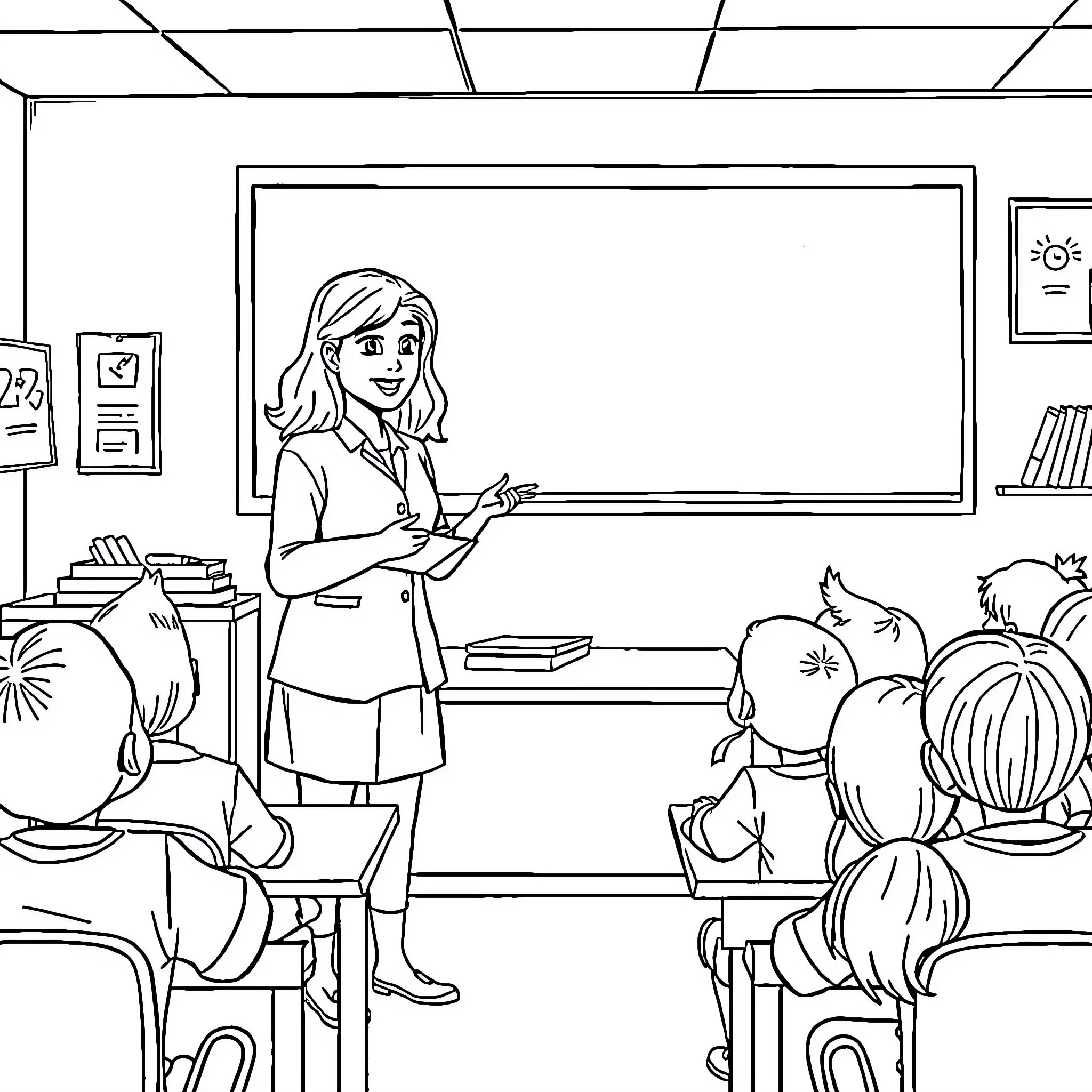 Teacher Instructing Students in Classroom Coloring Page (free black-and-white line drawing printable PDF for all, from beginners to advanced learners, including children, teens, adults, and seniors)