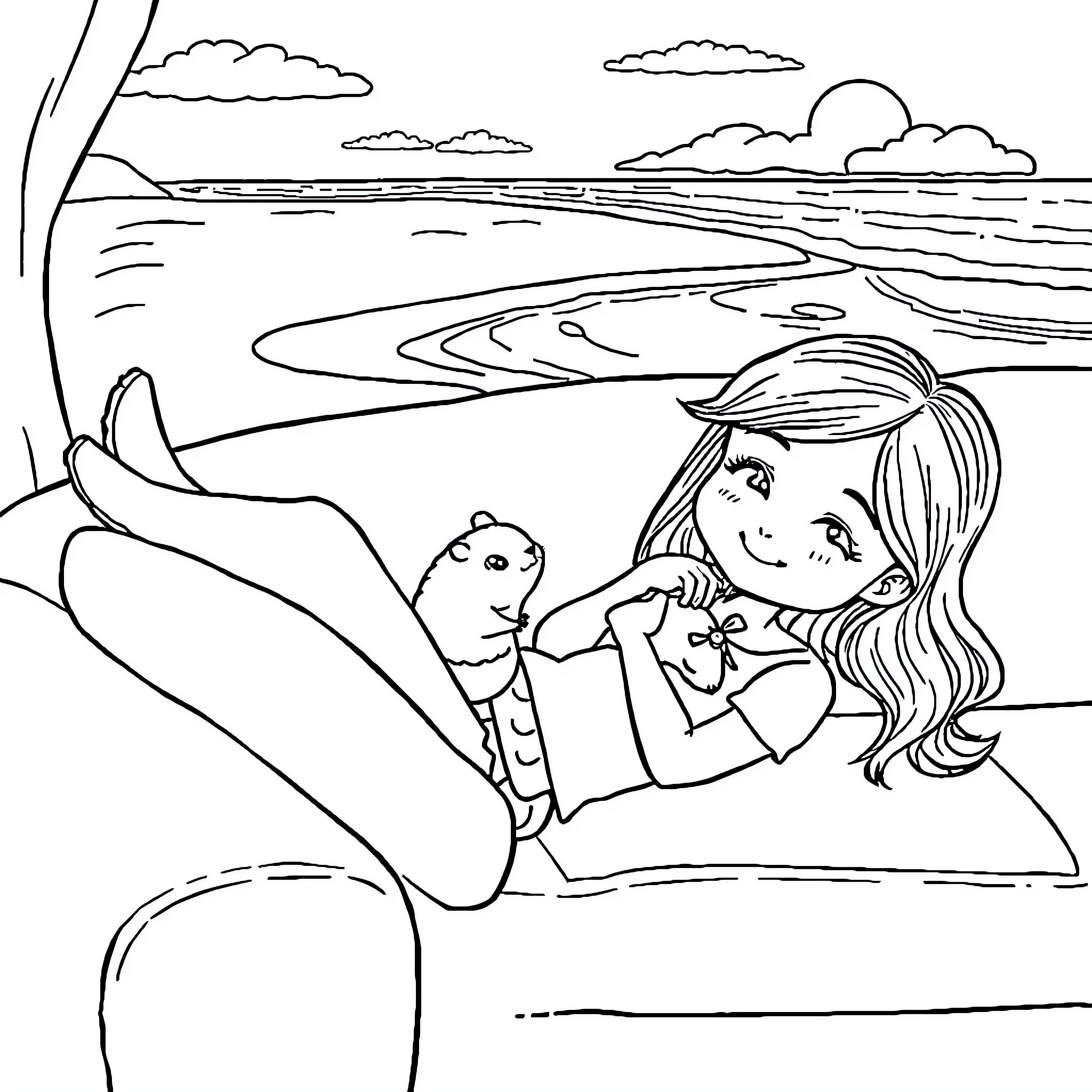 Girl playing with pet hamster in scenic outdoors Coloring Page (free black-and-white line drawing printable PDF for all, from beginners to advanced learners, including children, teens, adults, and seniors)