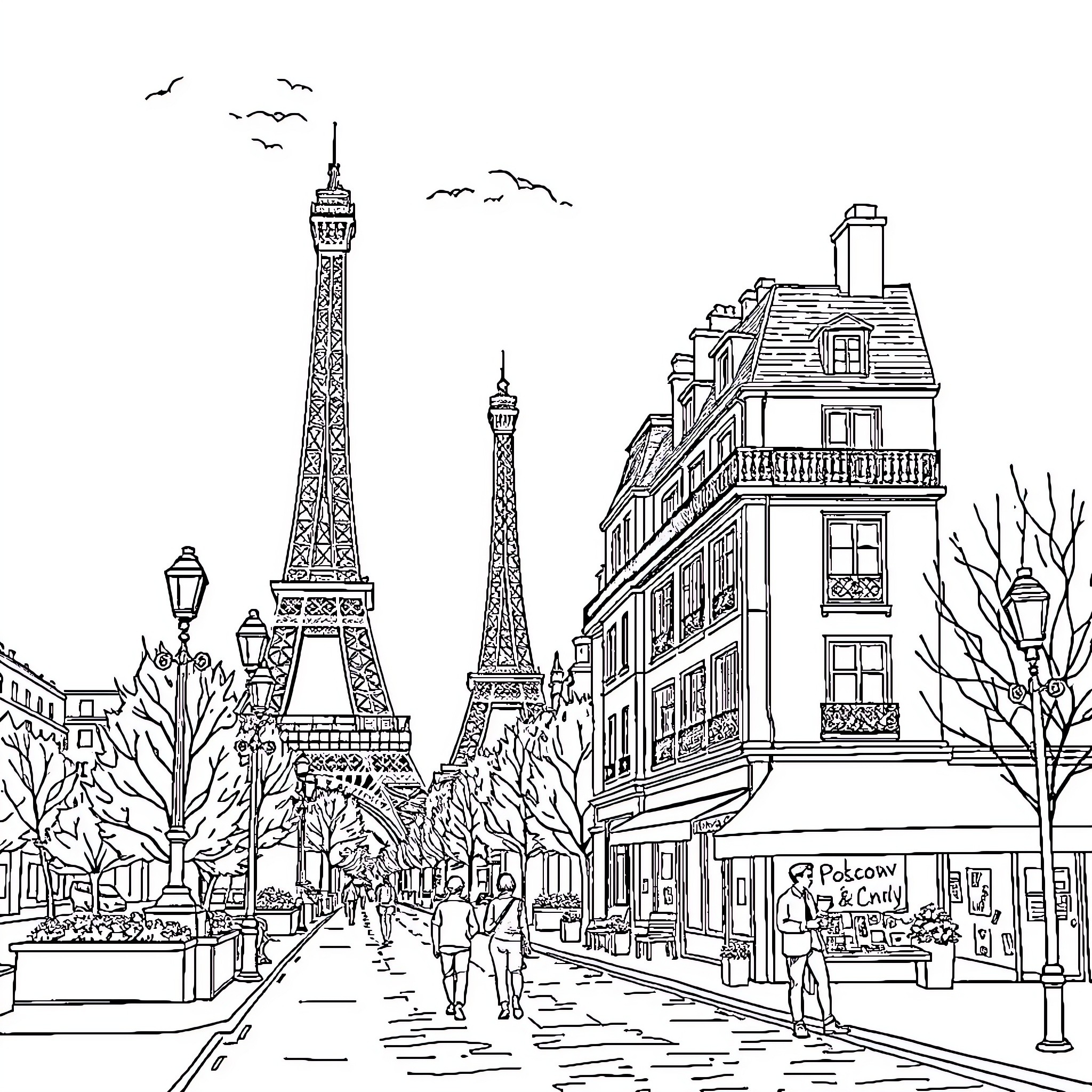 Paris street scene with Eiffel Tower and historic architecture Coloring Page (free black-and-white line drawing printable PDF for all, from beginners to advanced learners, including children, teens, adults, and seniors)
