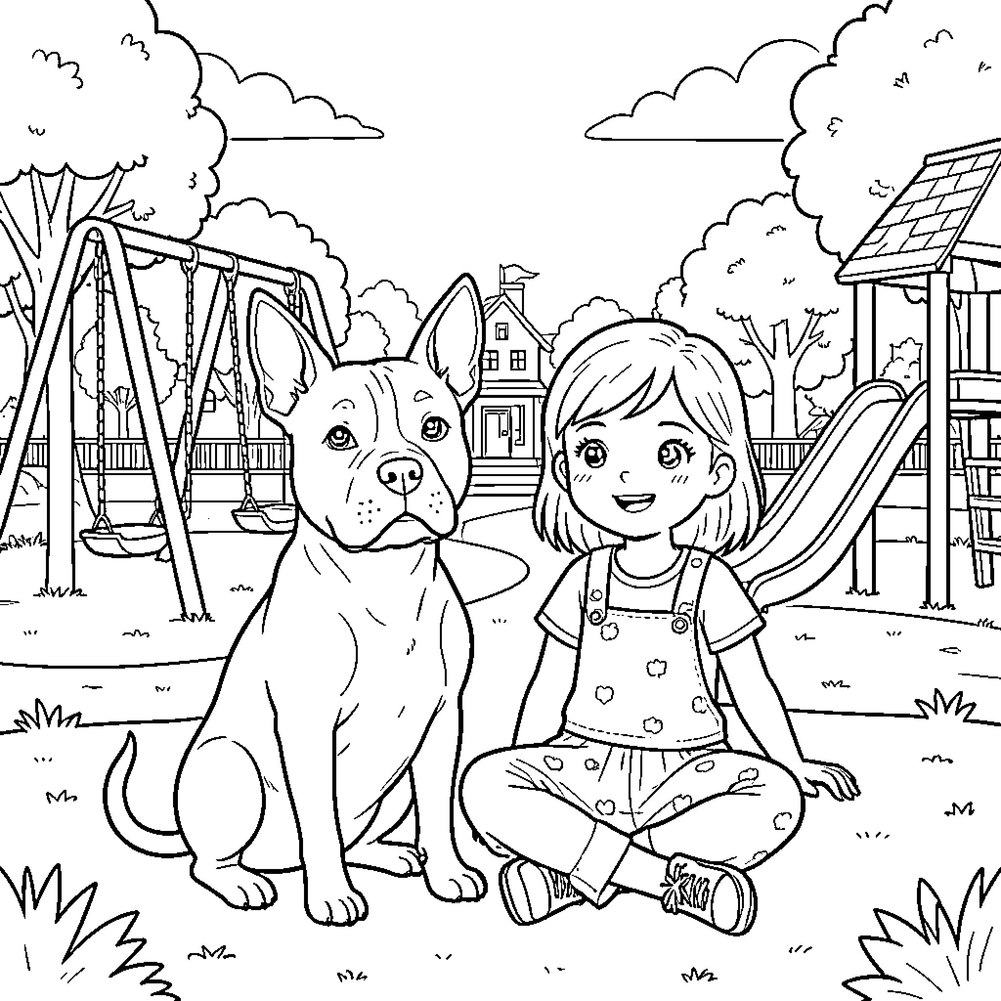 Pitbull and Girl Playing at the Playground Coloring Page (free black-and-white line drawing printable PDF for all, from beginners to advanced learners, including children, teens, adults, and seniors)