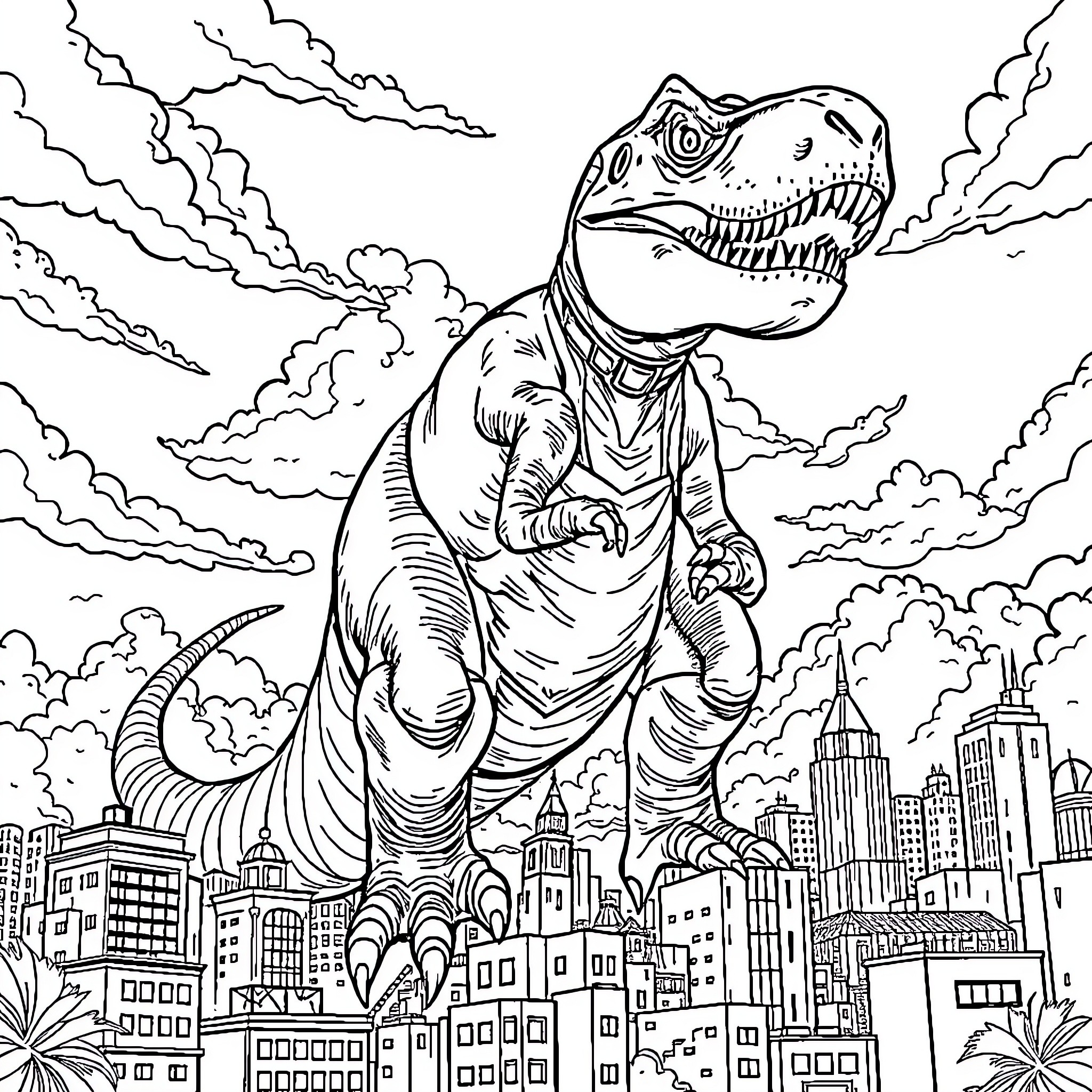 Dinosaur Roaring Over Cityscape Coloring Page (free black-and-white line drawing printable PDF for all, from beginners to advanced learners, including children, teens, adults, and seniors)
