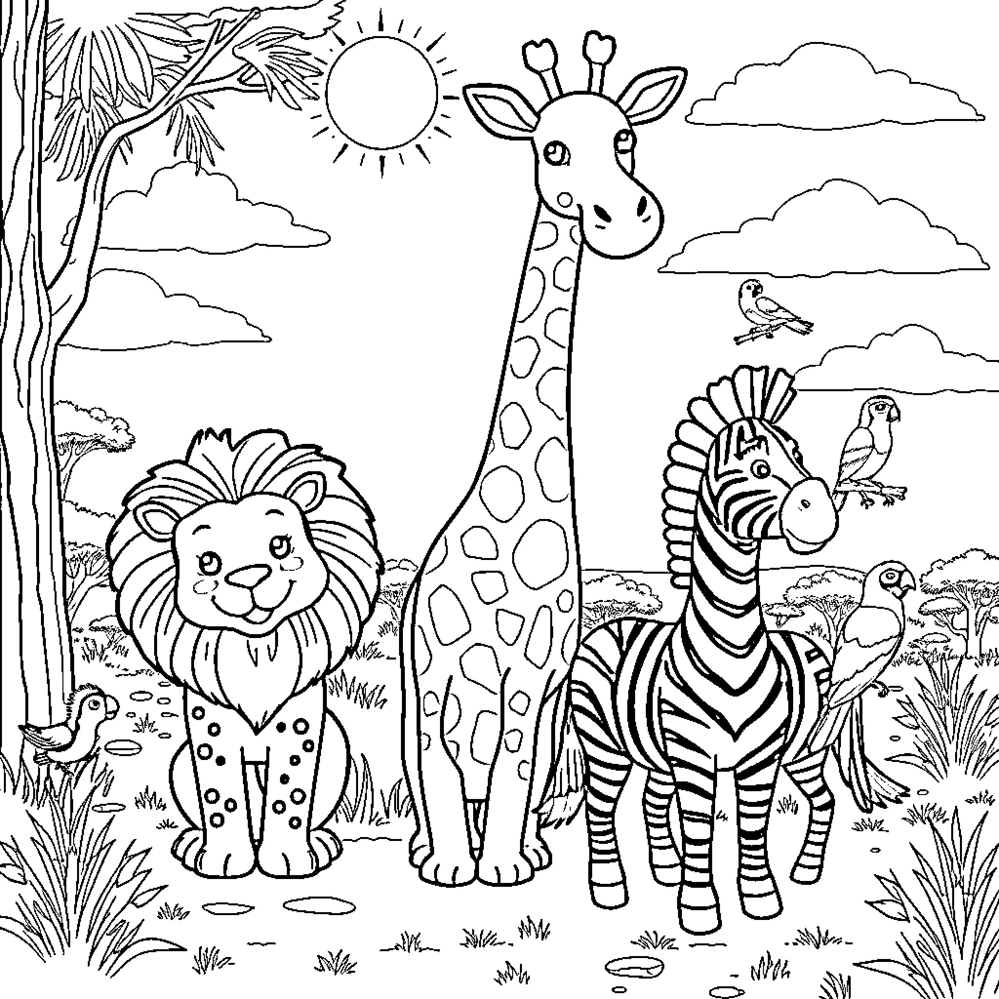 Lion and Friends Exploring Exotic Landscape Coloring Page (free black-and-white line drawing printable PDF for all, from beginners to advanced learners, including children, teens, adults, and seniors)