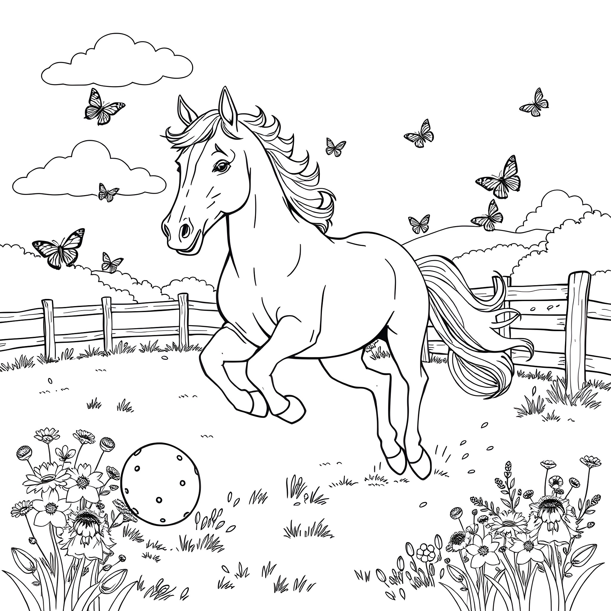 Horse galloping through a meadow with butterflies Coloring Page (free black-and-white line drawing printable PDF for all, from beginners to advanced learners, including children, teens, adults, and seniors)