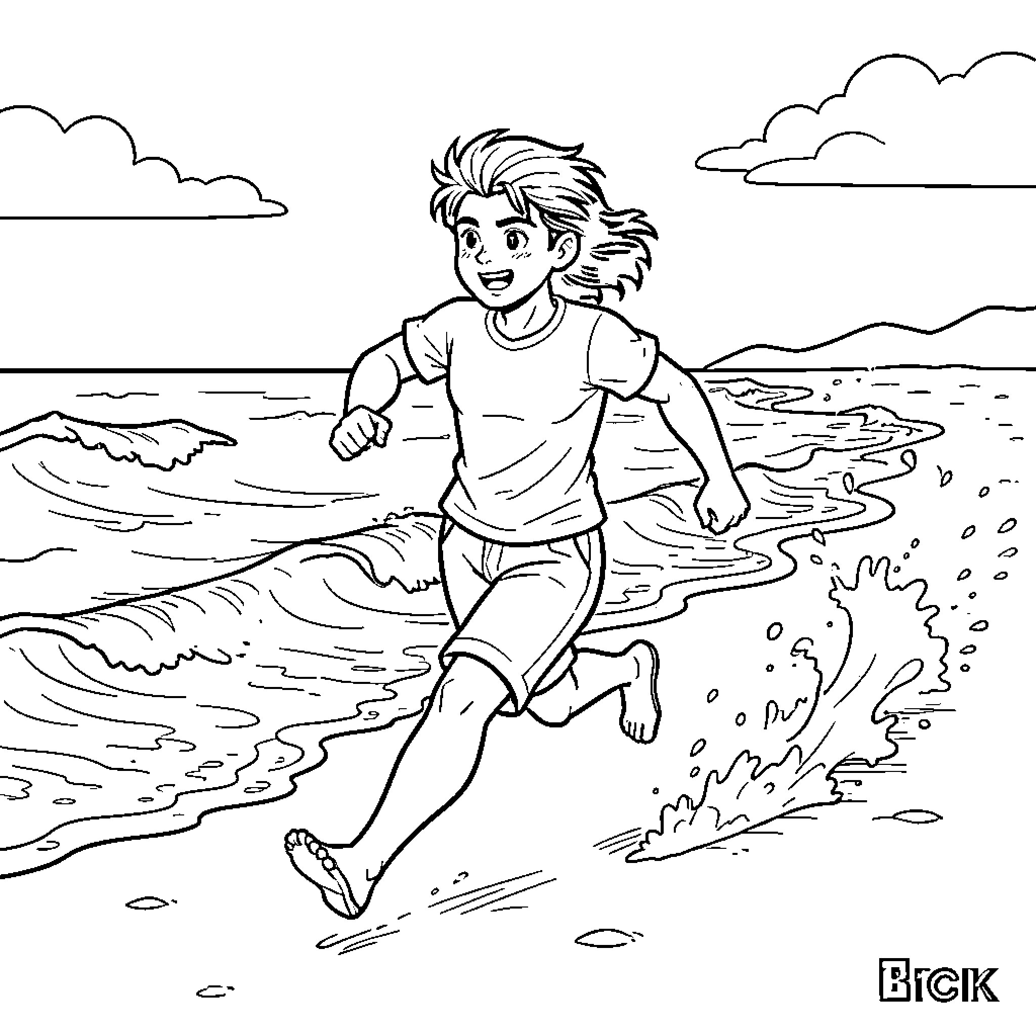 Michca running joyfully along the seashore waves Coloring Page (free black-and-white line drawing printable PDF for all, from beginners to advanced learners, including children, teens, adults, and seniors)