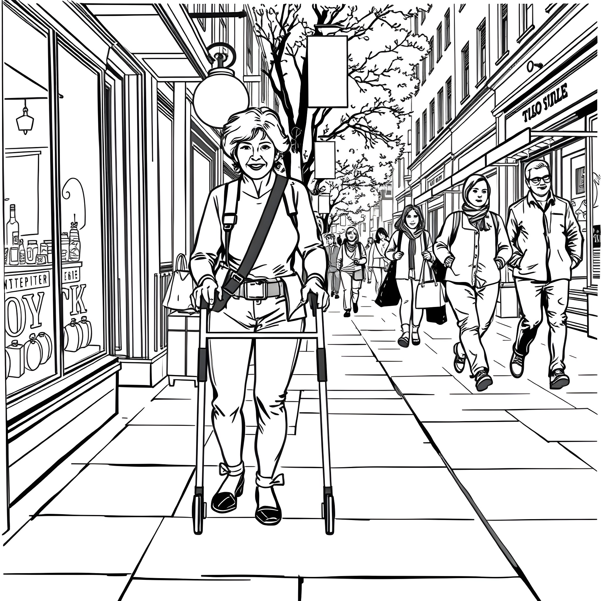 Woman walking down a busy city street Coloring Page (free black-and-white line drawing printable PDF for all, from beginners to advanced learners, including children, teens, adults, and seniors)