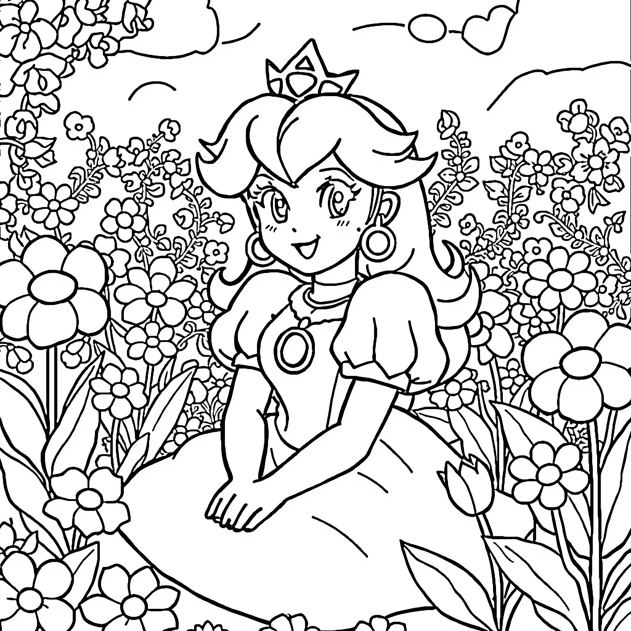 Princess in Floral Garden Coloring Page (free black-and-white line drawing printable PDF for all, from beginners to advanced learners, including children, teens, adults, and seniors)