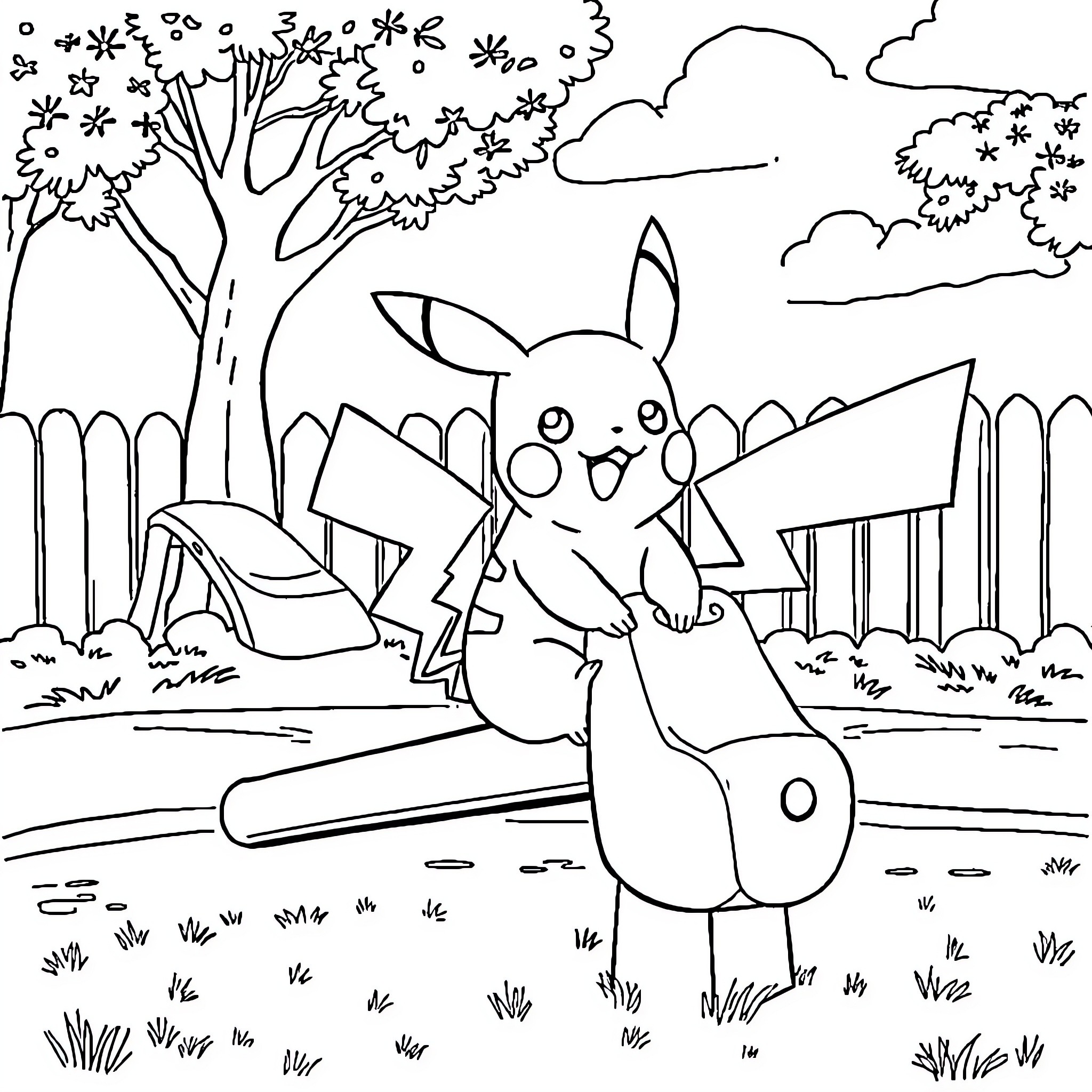Pikachu playing happily in a park Coloring Page (free black-and-white line drawing printable PDF for all, from beginners to advanced learners, including children, teens, adults, and seniors)