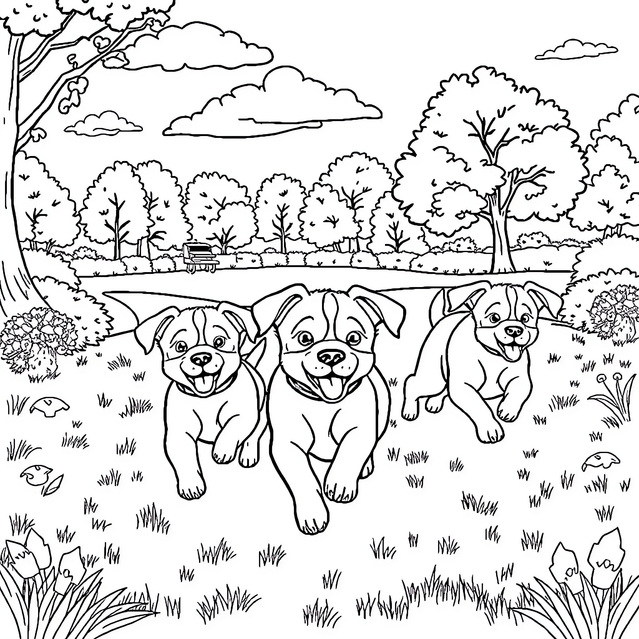 Dogs playing happily in a park landscape Coloring Page (free black-and-white line drawing printable PDF for all, from beginners to advanced learners, including children, teens, adults, and seniors)