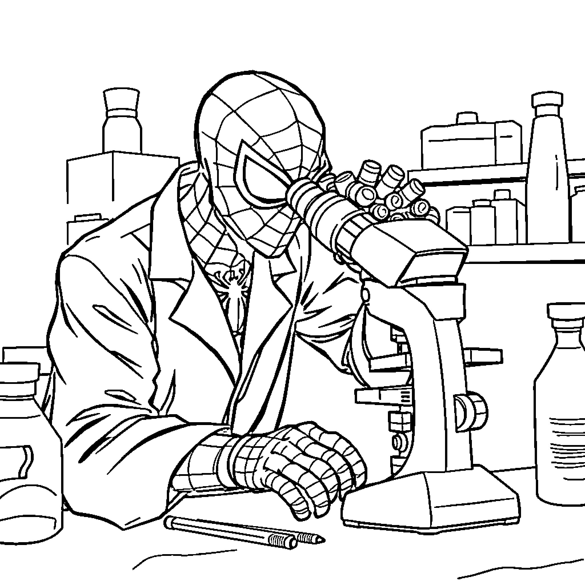 Spiderman in scientist's lab conducting research Coloring Page (free black-and-white line drawing printable PDF for all, from beginners to advanced learners, including children, teens, adults, and seniors)