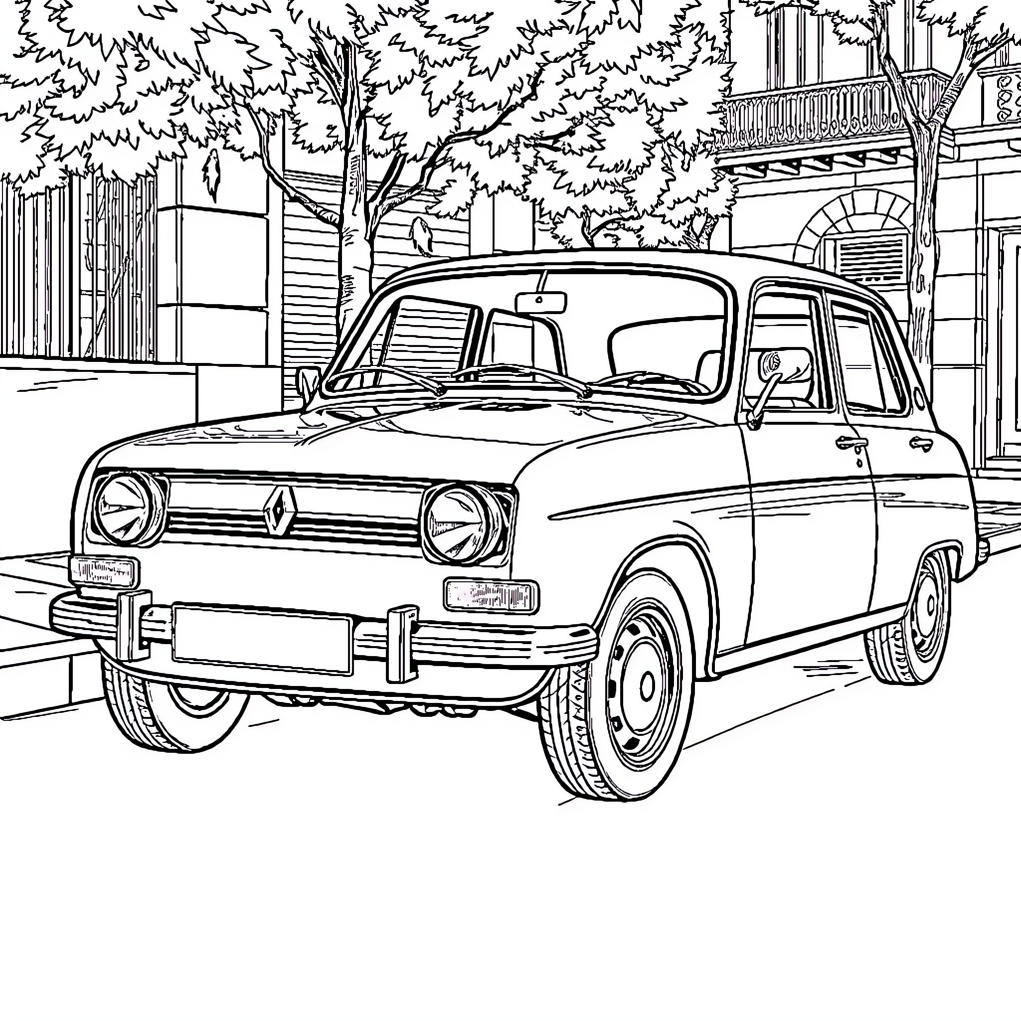 Renault 16 vintage car on city street Coloring Page (free black-and-white line drawing printable PDF for all, from beginners to advanced learners, including children, teens, adults, and seniors)
