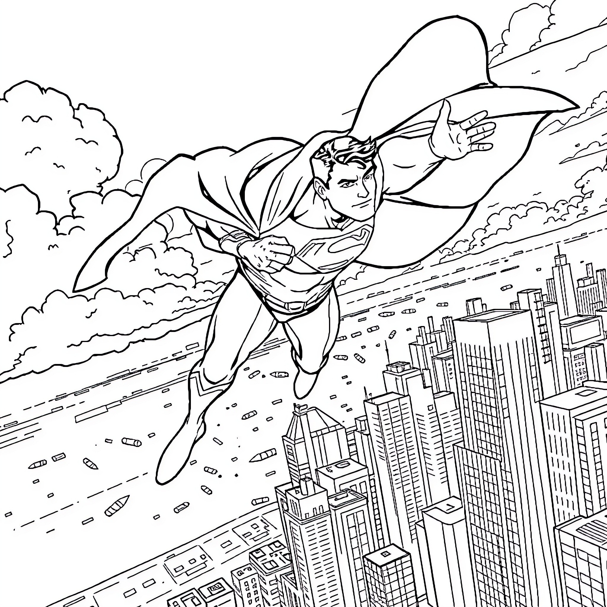 Superman flying over the city skyline Coloring Page (free black-and-white line drawing printable PDF for all, from beginners to advanced learners, including children, teens, adults, and seniors)