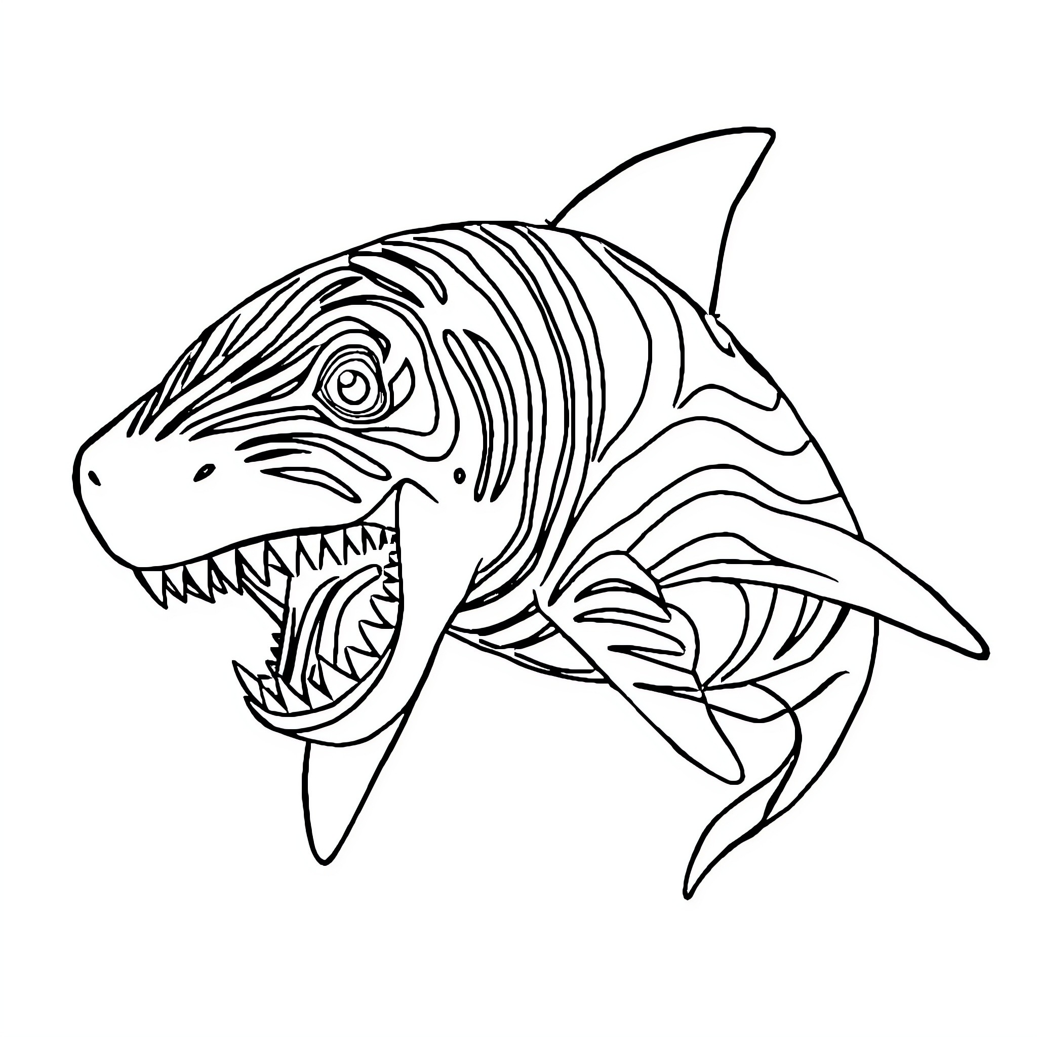 Shark with ferocious expression and sharp teeth Coloring Page (free black-and-white line drawing printable PDF for all, from beginners to advanced learners, including children, teens, adults, and seniors)