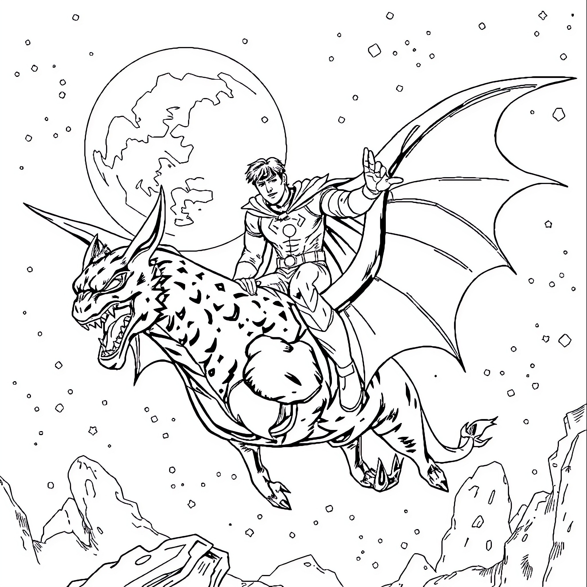 Pedro Pascal riding a fantastical creature through a night sky Coloring Page (free black-and-white line drawing printable PDF for all, from beginners to advanced learners, including children, teens, adults, and seniors)