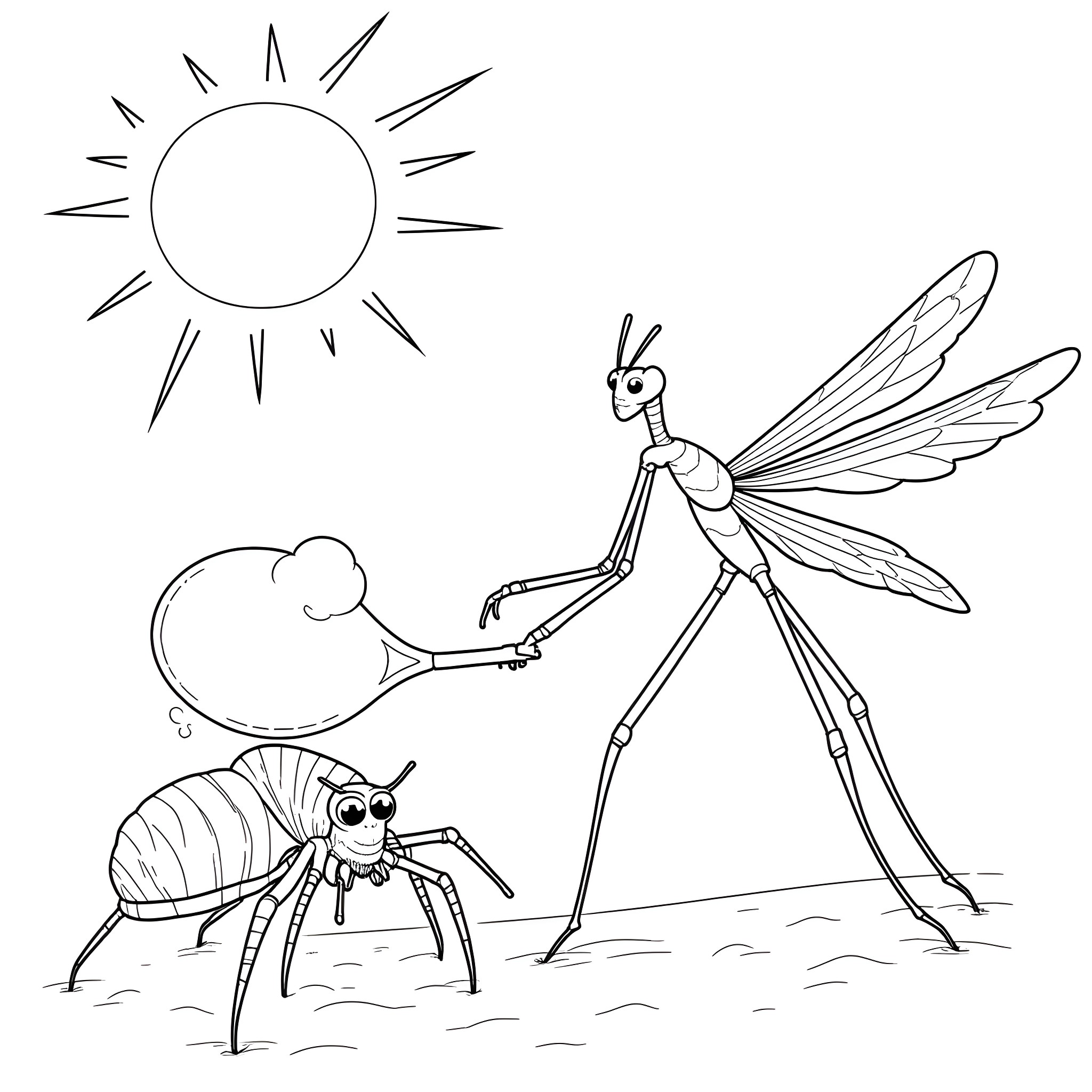Spider insects exploring the sunny outdoors Coloring Page (free black-and-white line drawing printable PDF for all, from beginners to advanced learners, including children, teens, adults, and seniors)