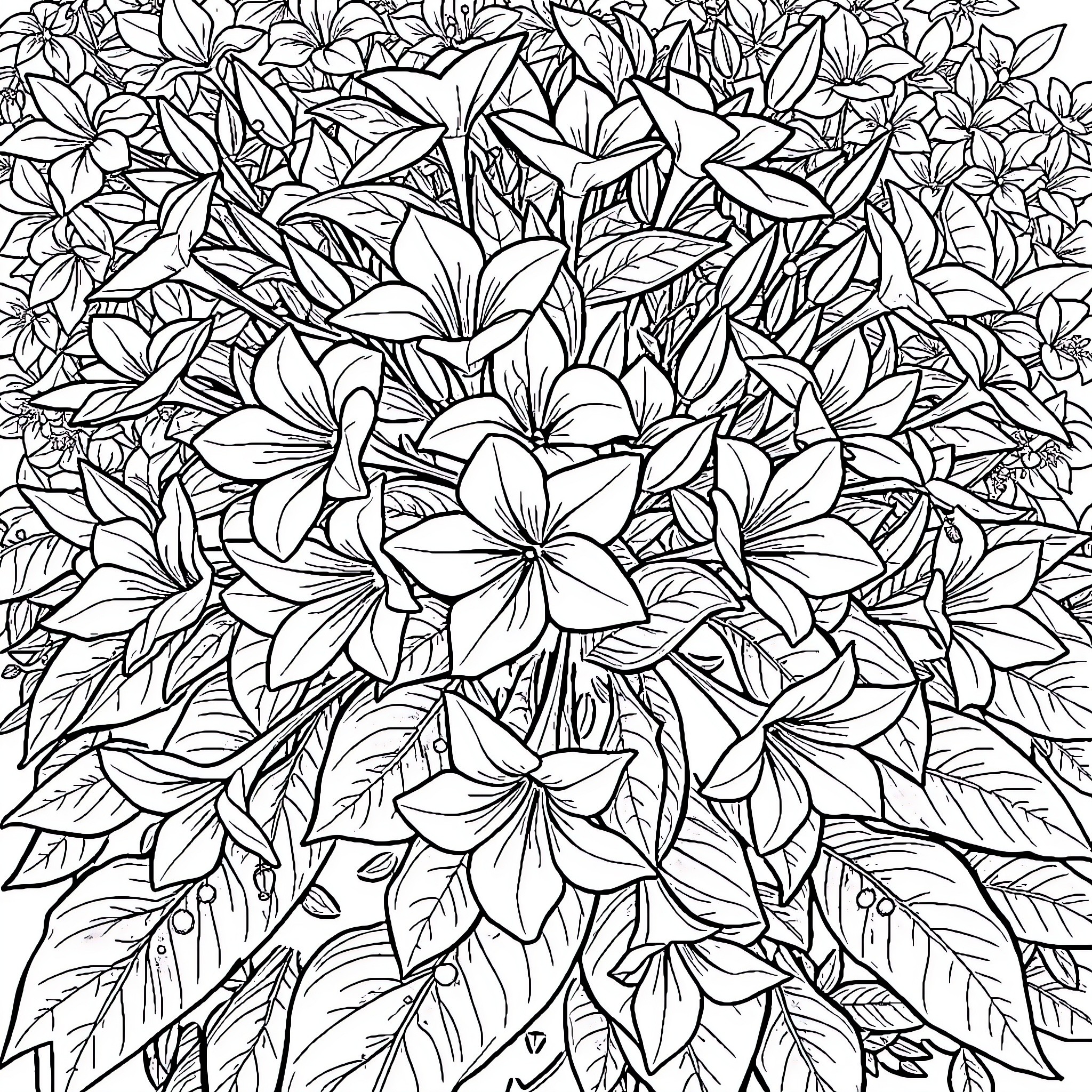 Flower garden with intricate floral patterns Coloring Page (free black-and-white line drawing printable PDF for all, from beginners to advanced learners, including children, teens, adults, and seniors)