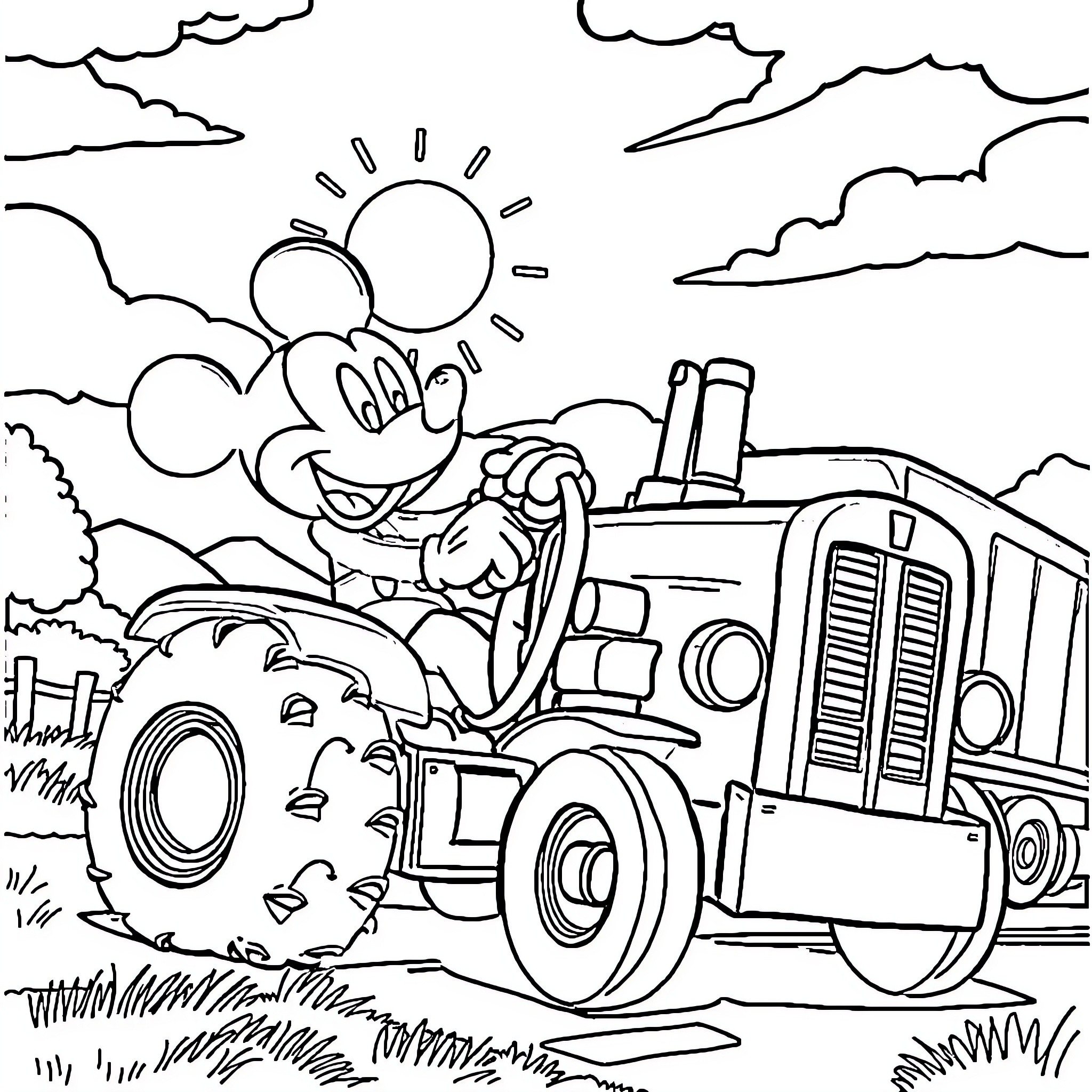 Mickey Mouse operating a tractor in a field Coloring Page (free black-and-white line drawing printable PDF for all, from beginners to advanced learners, including children, teens, adults, and seniors)