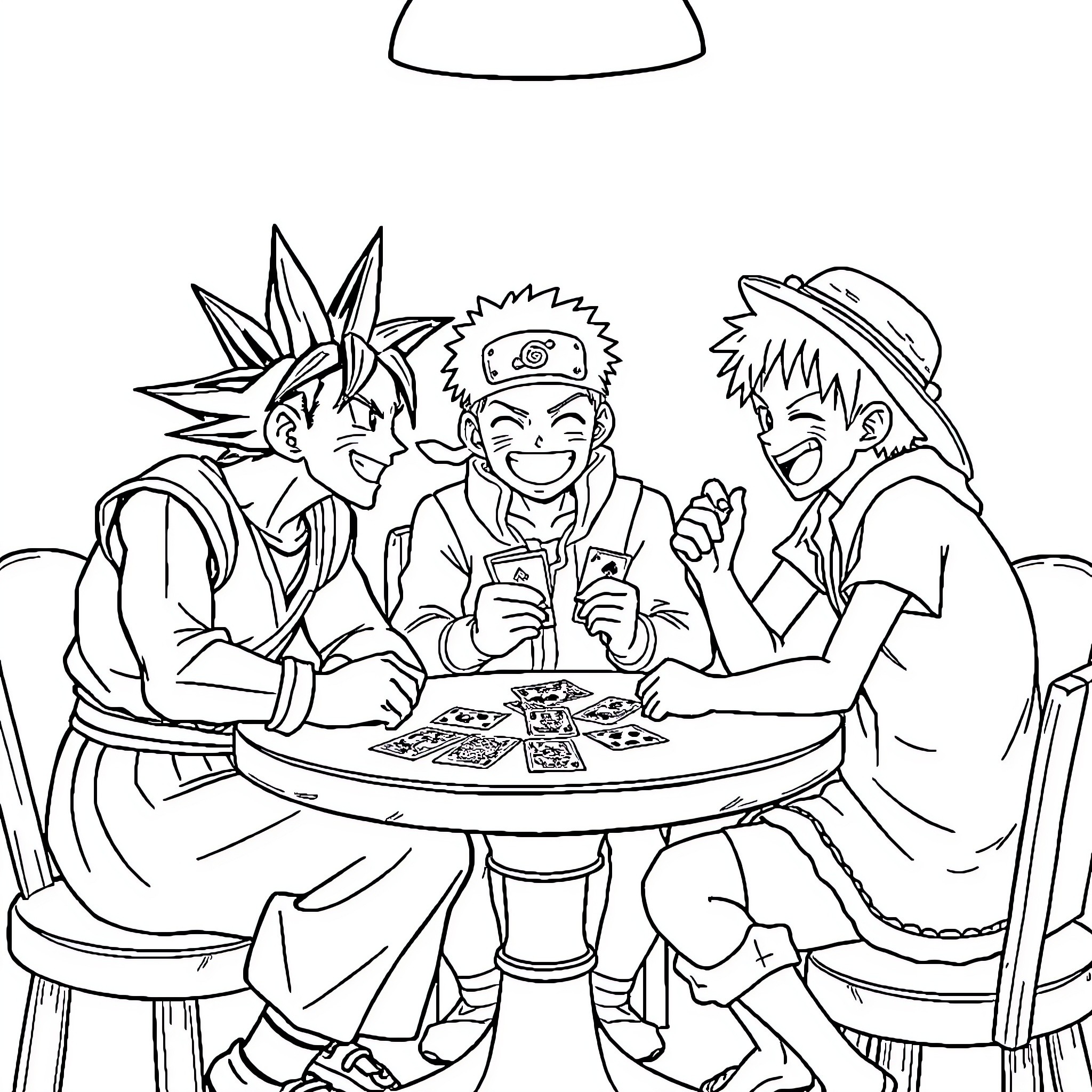 Sonkoku Characters Enjoying a Game Together Coloring Page (free black-and-white line drawing printable PDF for all, from beginners to advanced learners, including children, teens, adults, and seniors)