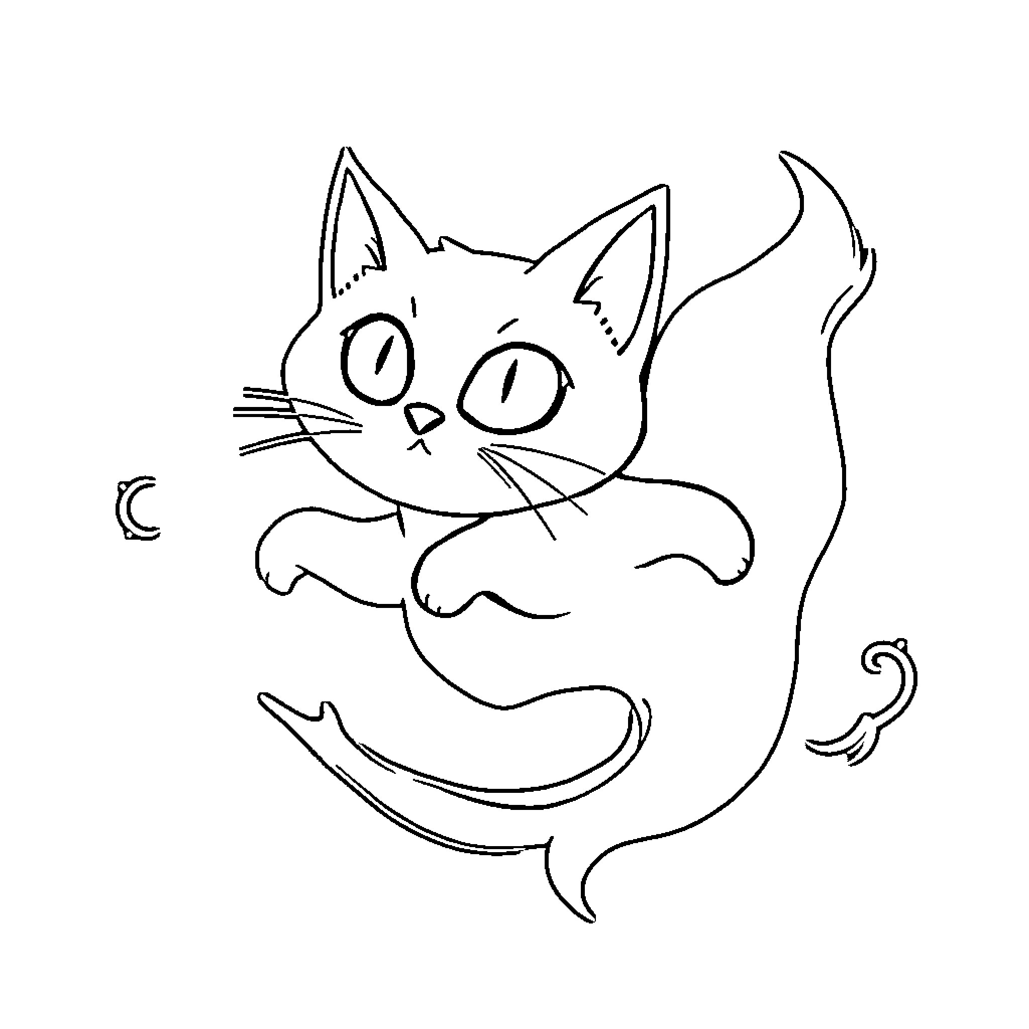 Ghost Cat Floating Playfully Coloring Page (free black-and-white line drawing printable PDF for all, from beginners to advanced learners, including children, teens, adults, and seniors)