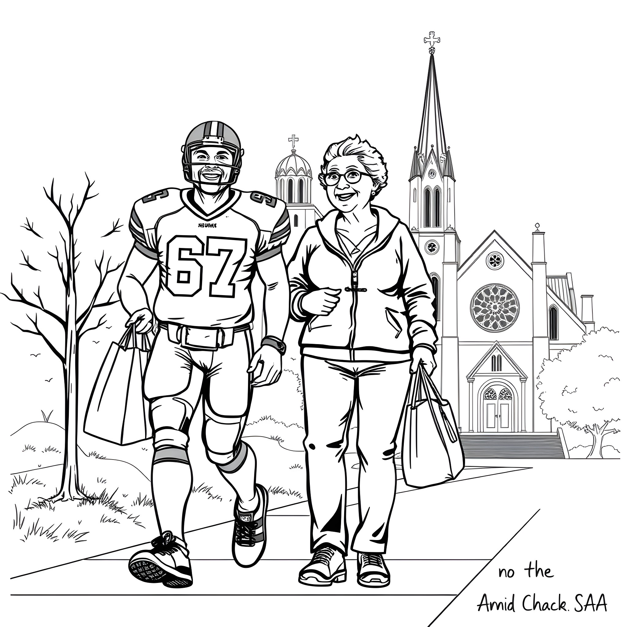 Man in Football Uniform and Woman Walking in Front of Church Coloring Page (free black-and-white line drawing printable PDF for all, from beginners to advanced learners, including children, teens, adults, and seniors)