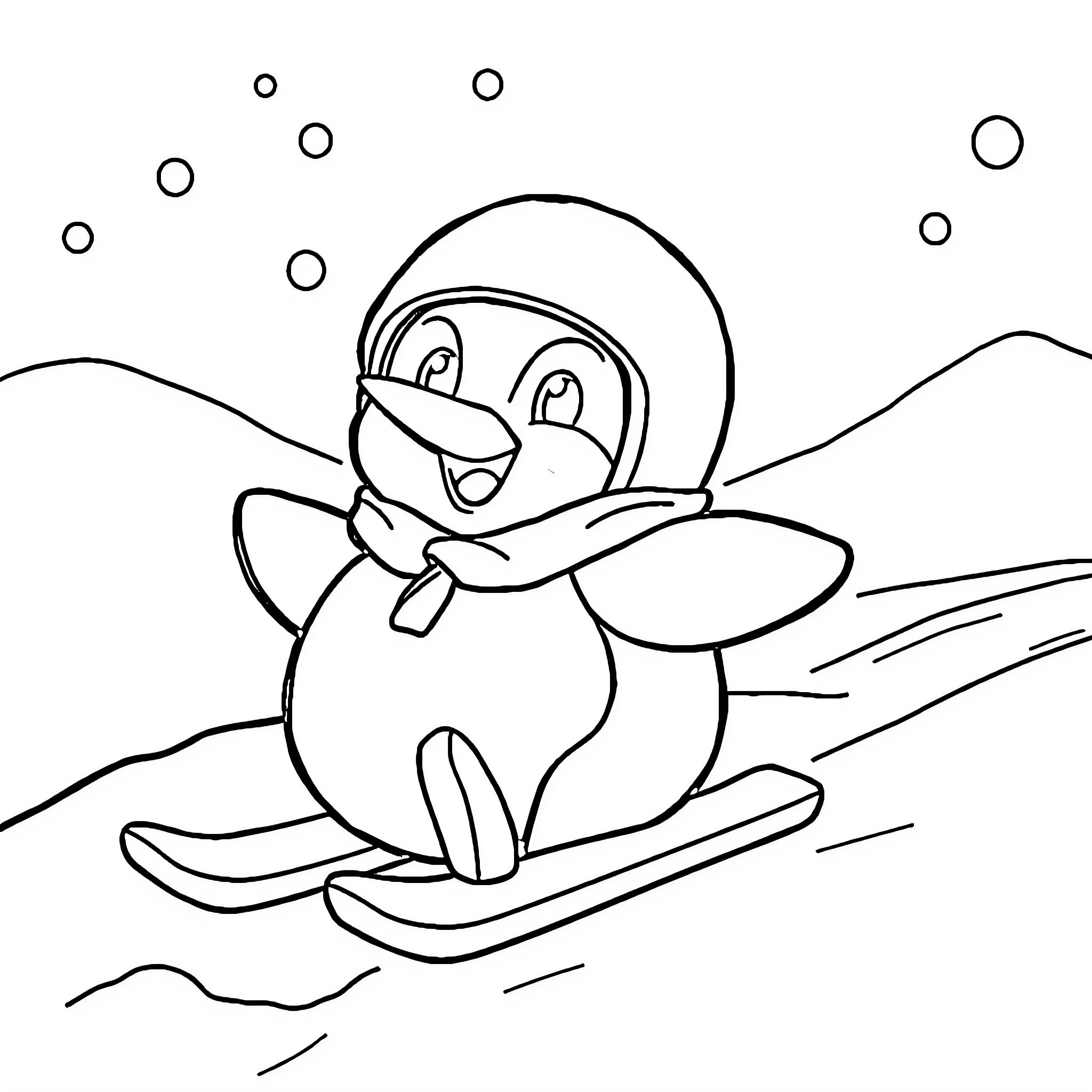 Pororo enjoying winter sports on the slopes Coloring Page (free black-and-white line drawing printable PDF for all, from beginners to advanced learners, including children, teens, adults, and seniors)