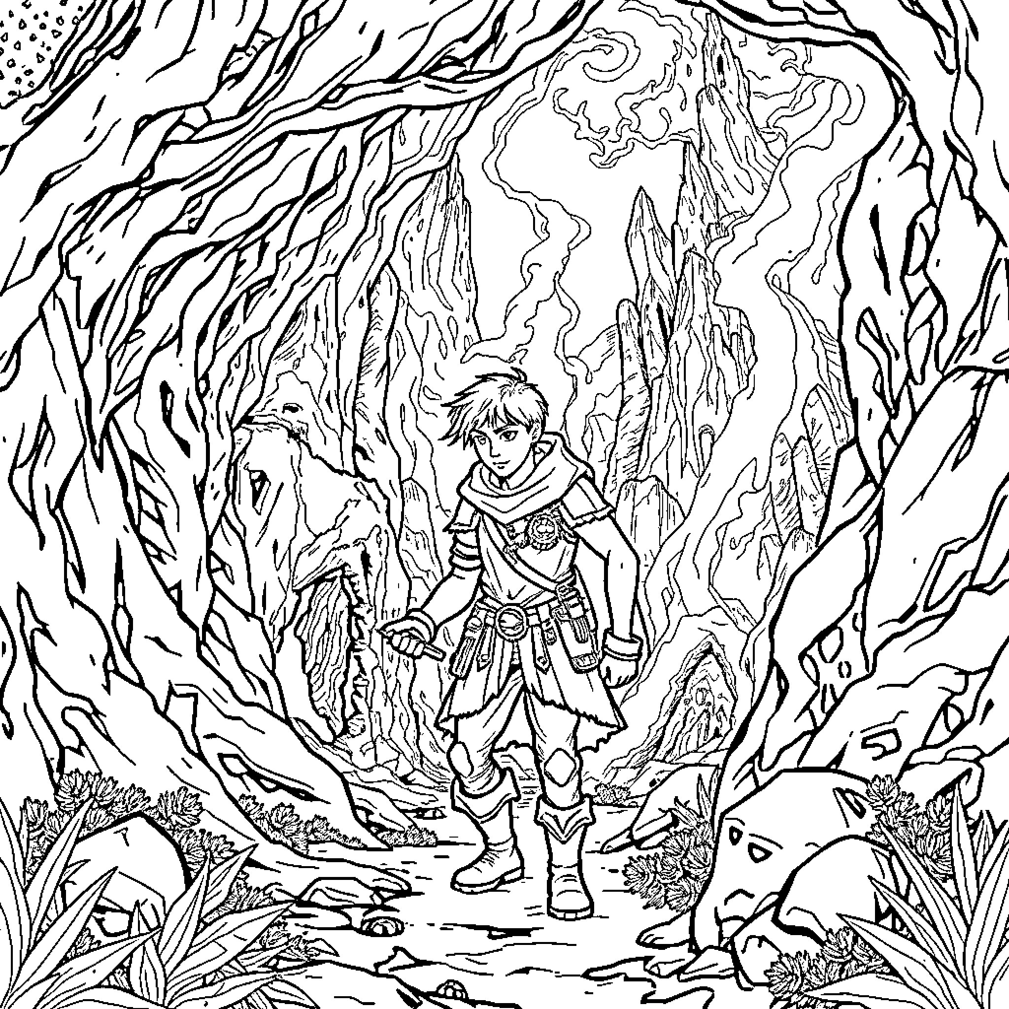 Raider Navigates Fantastical Landscape Coloring Page (free black-and-white line drawing printable PDF for all, from beginners to advanced learners, including children, teens, adults, and seniors)