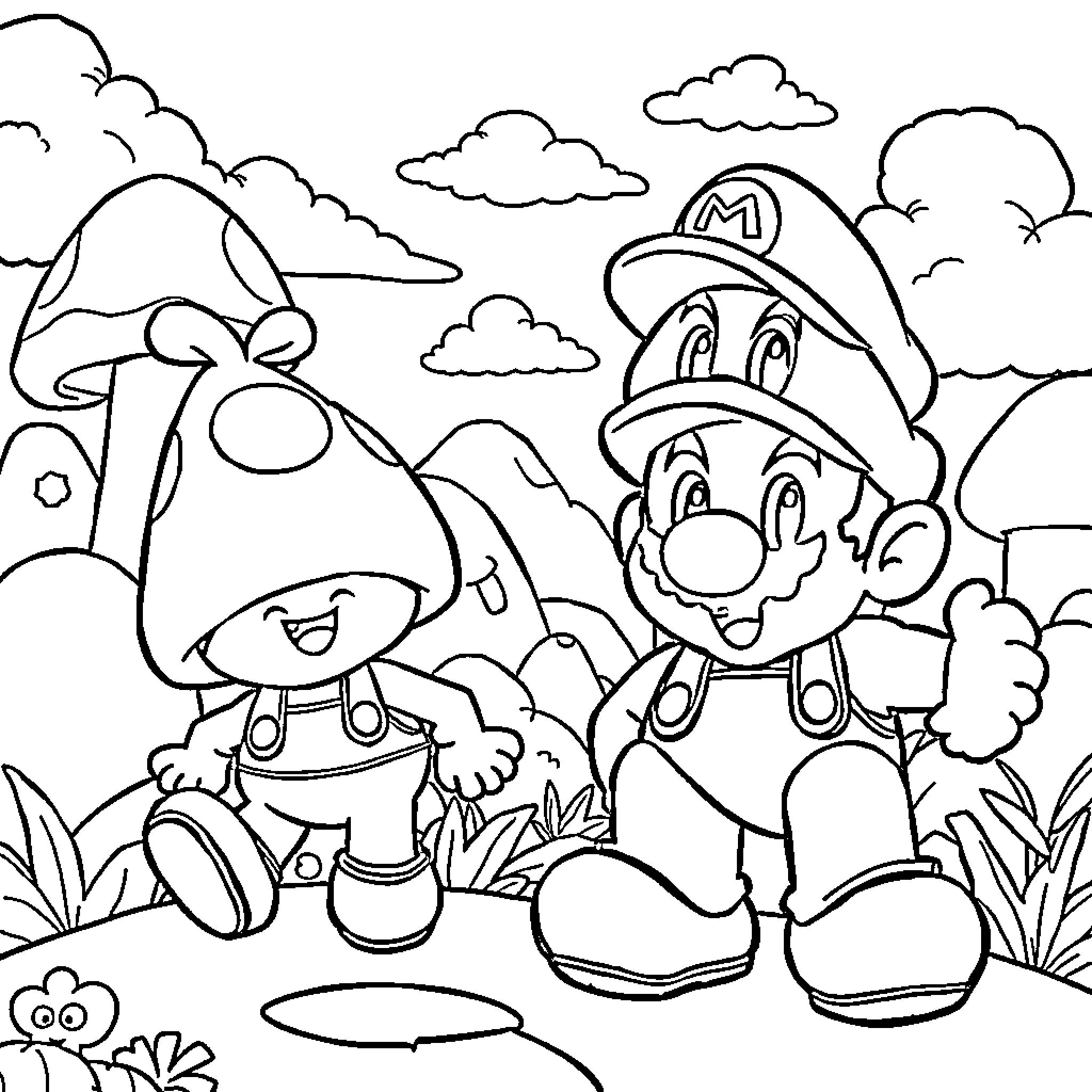 Cappy and friends explore the outdoors adventure Coloring Page (free black-and-white line drawing printable PDF for all, from beginners to advanced learners, including children, teens, adults, and seniors)