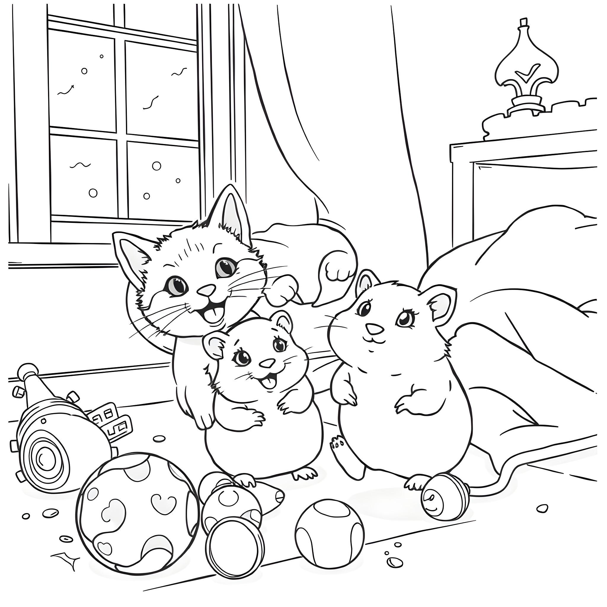 Cat and kittens playing with toys in the room Coloring Page (free black-and-white line drawing printable PDF for all, from beginners to advanced learners, including children, teens, adults, and seniors)